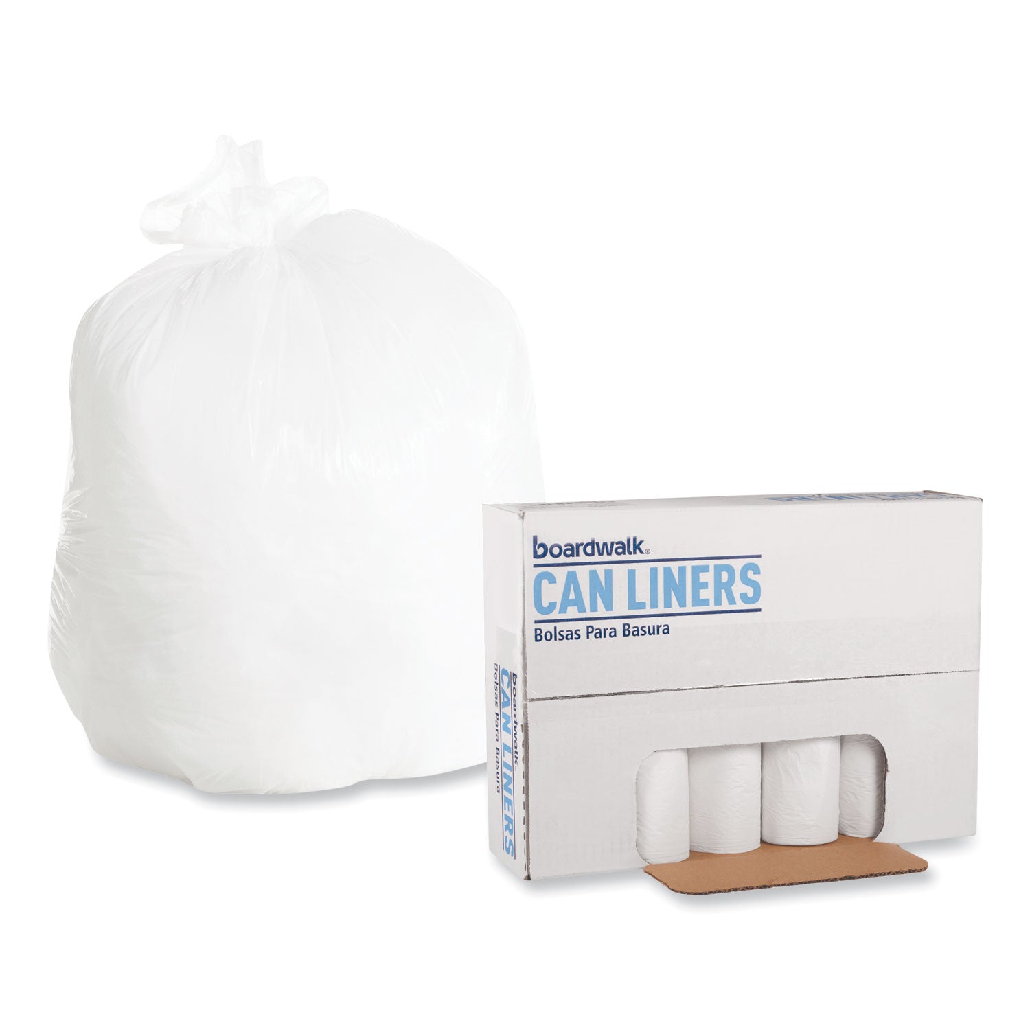 Boardwalk® Low-Density Waste Can Liners, 30 gal, 0.6 mil, 30" x 36", White, Perforated Roll, 25 Bags/Roll, 8 Rolls/Carton