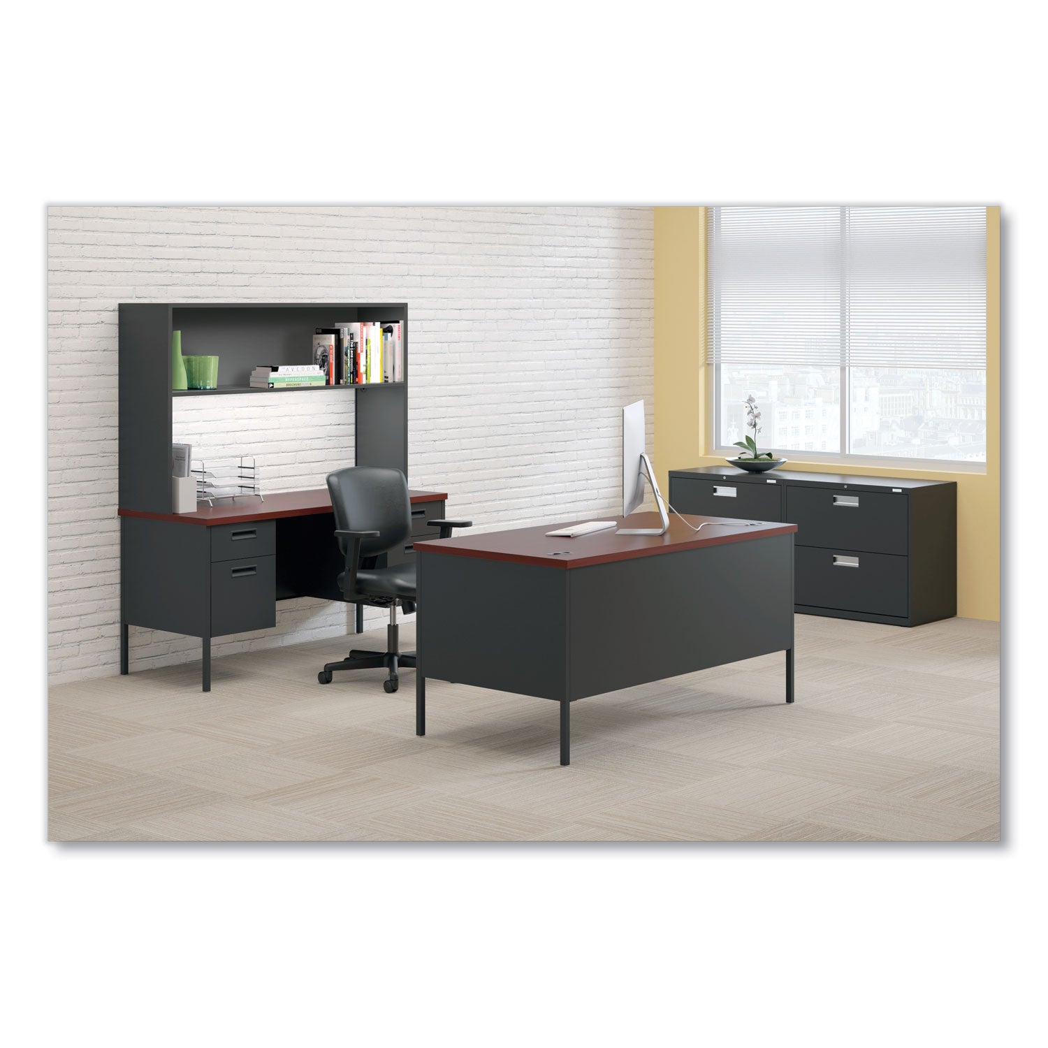 HON® Metro Classic Series Double Pedestal Desk, Flush Panel, 60" x 30" x 29.5", Mahogany/Charcoal