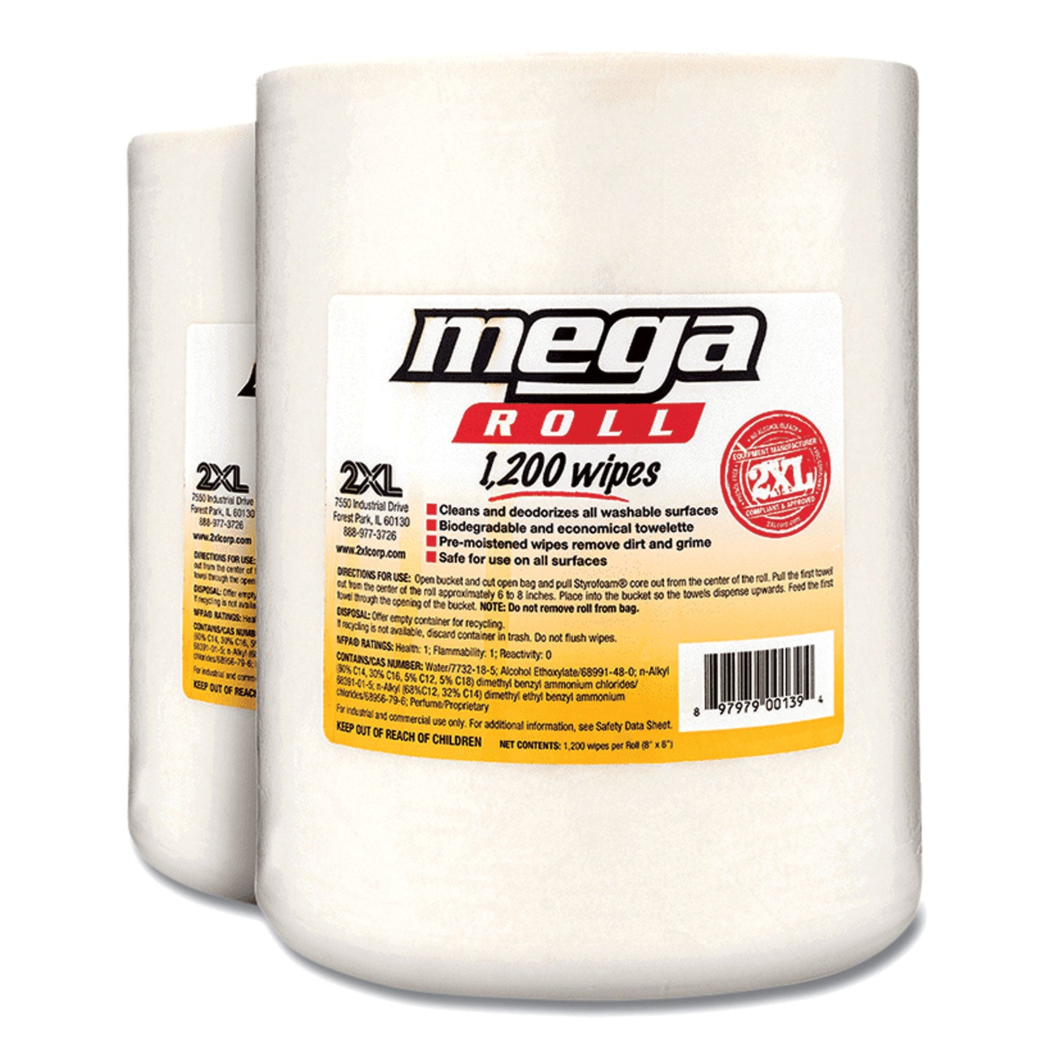 2XL Gym Wipes Mega Roll Refill, 8 x 8, Unscented, White, 1,200/Roll, 2 Rolls/Carton