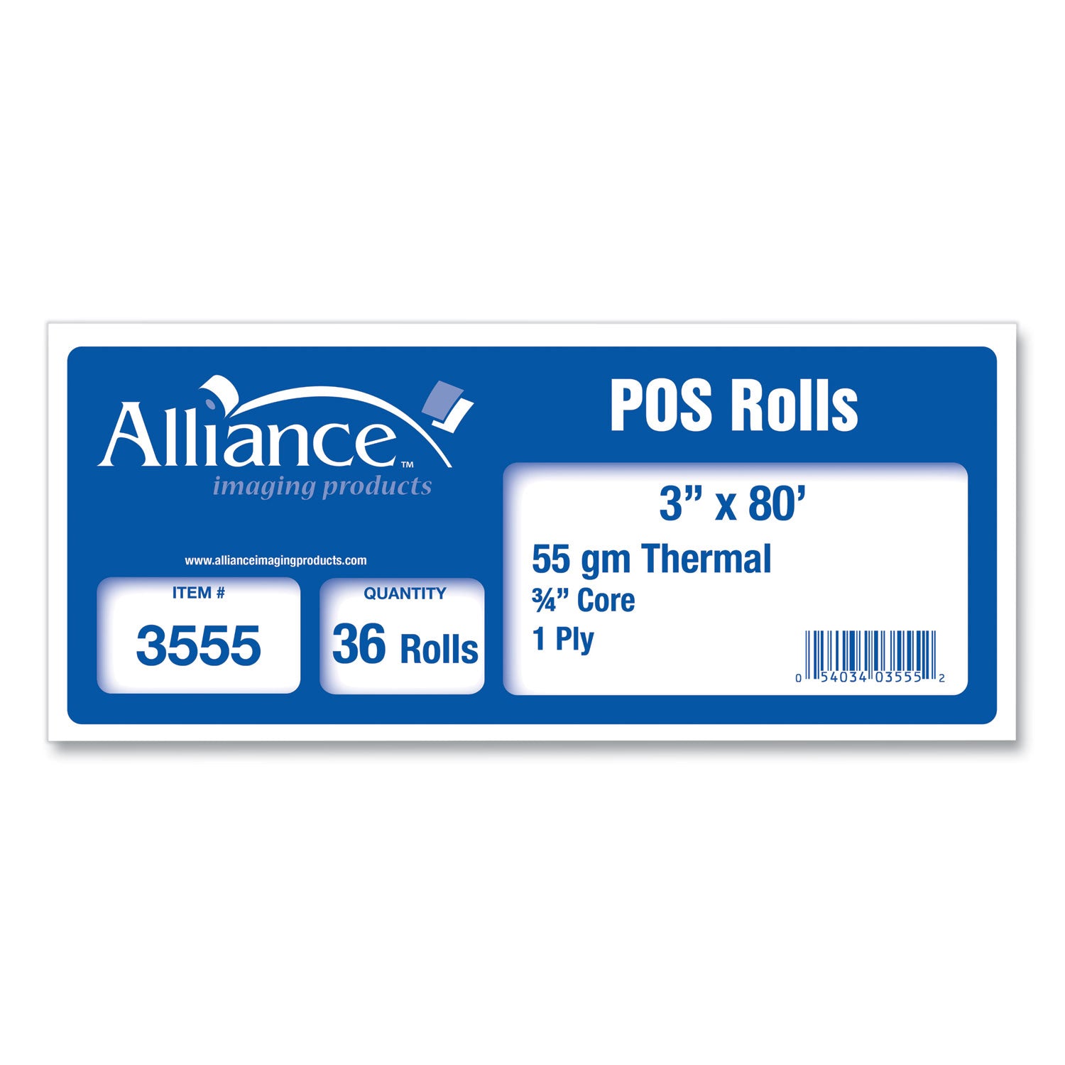 Alliance Thermal Cash Register/POS Roll, 3" x 80 ft, White, 36/Carton