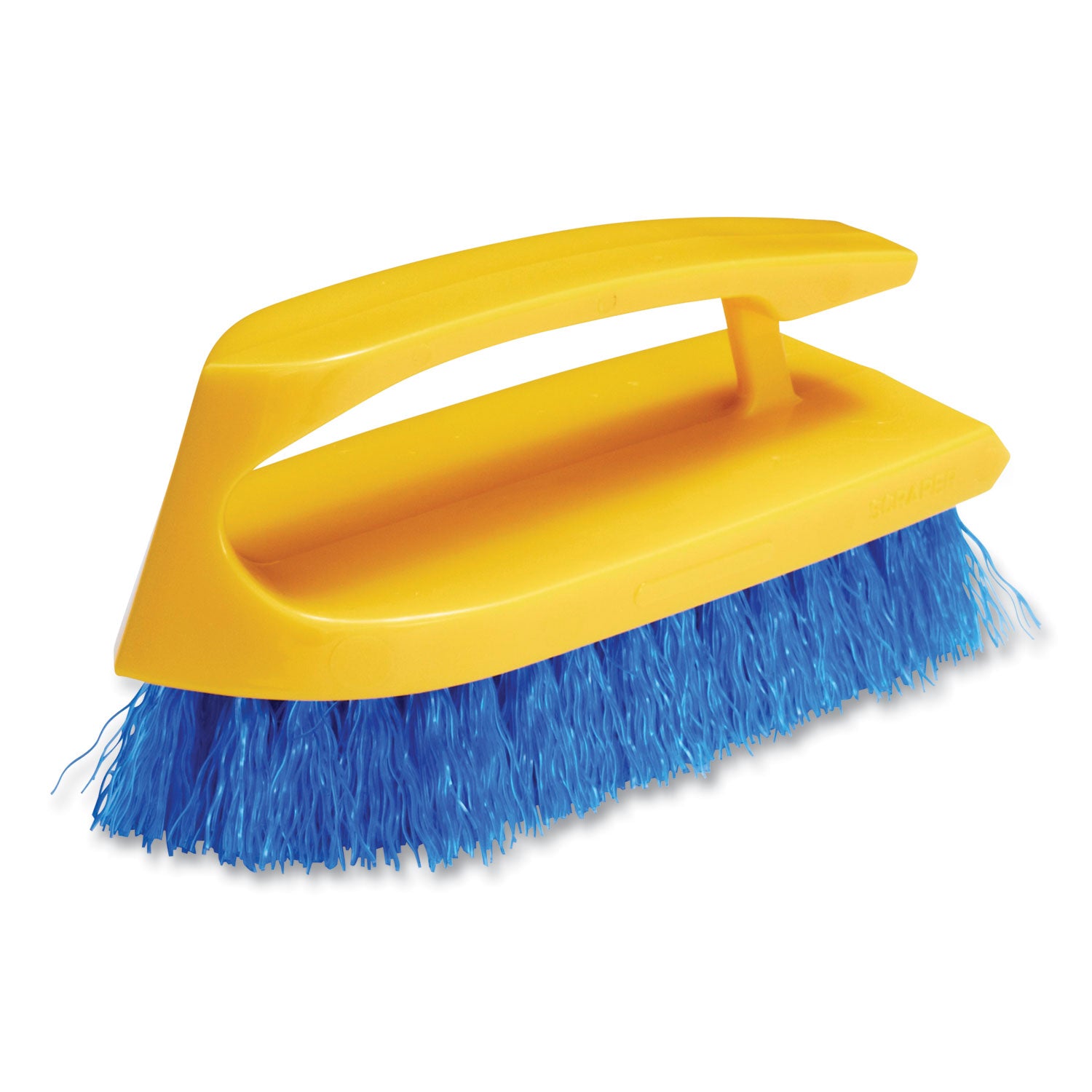 Rubbermaid® Commercial Iron-Shaped Handle Scrub Brush, Blue Polypropylene Bristles, 6" Brush, 6" Yellow Plastic Handle