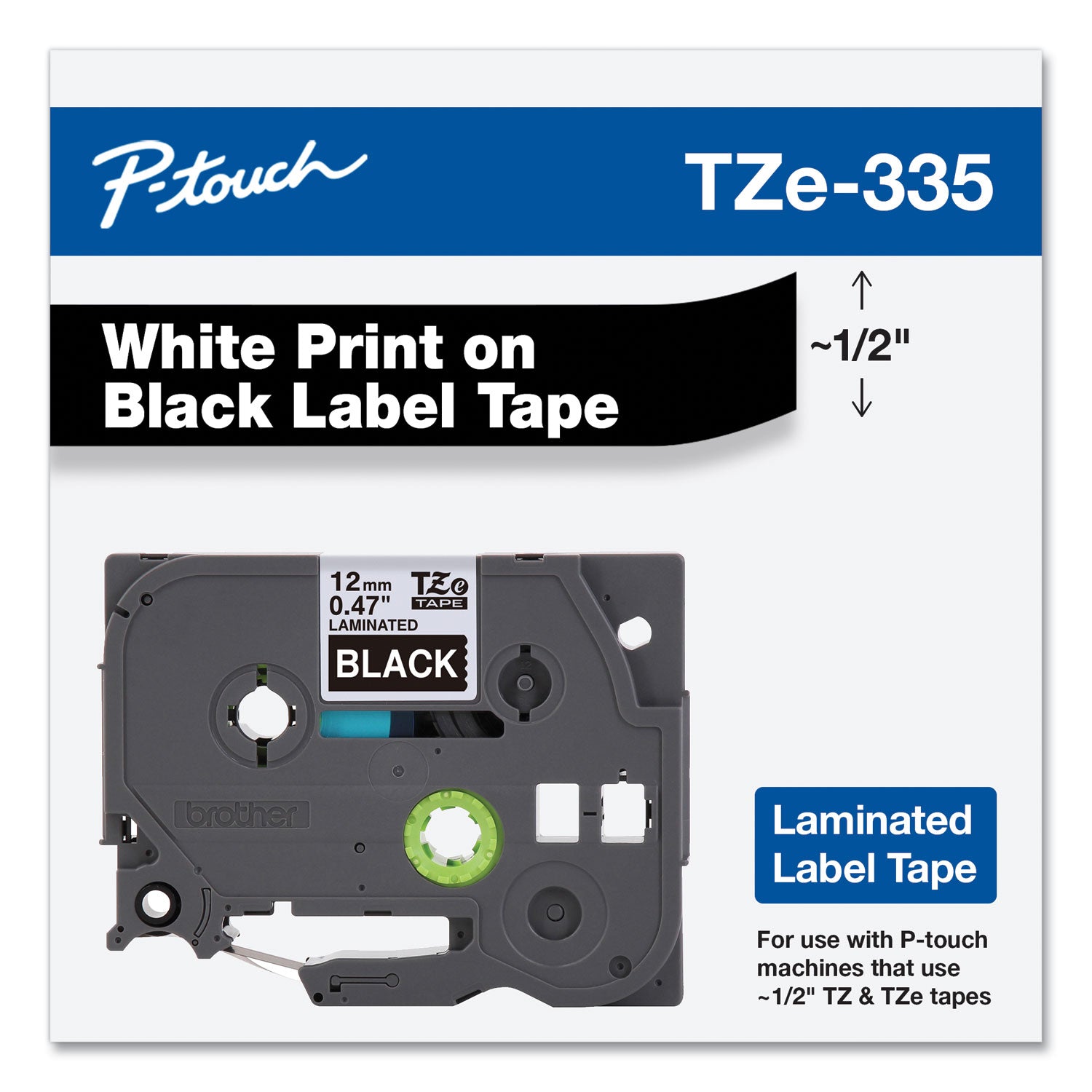 Brother P-Touch® TZe Standard Adhesive Laminated Labeling Tape, 0.47" x 26.2 ft, White on Black