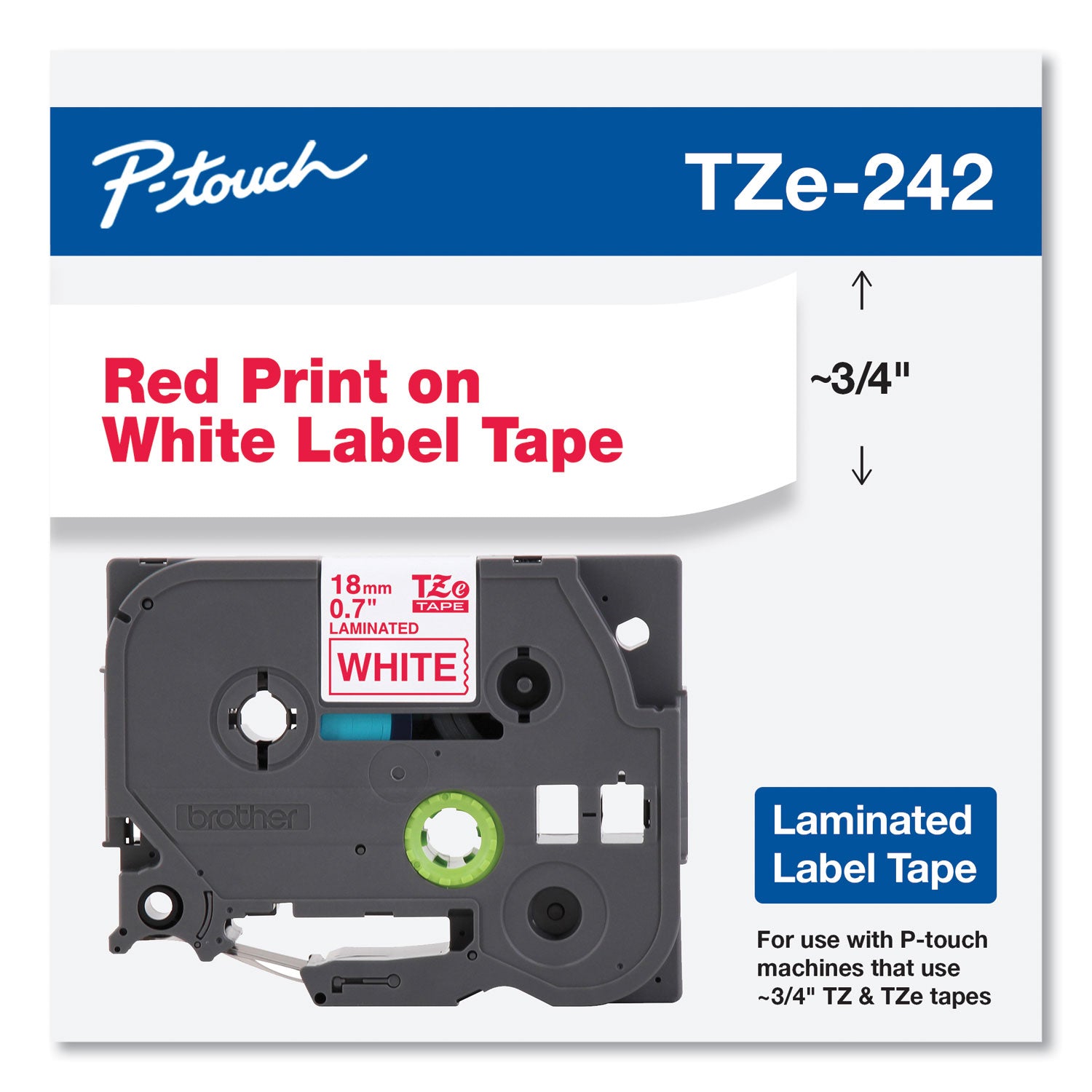 Brother P-Touch® TZe Standard Adhesive Laminated Labeling Tape, 0.7" x 26.2 ft, Red on White