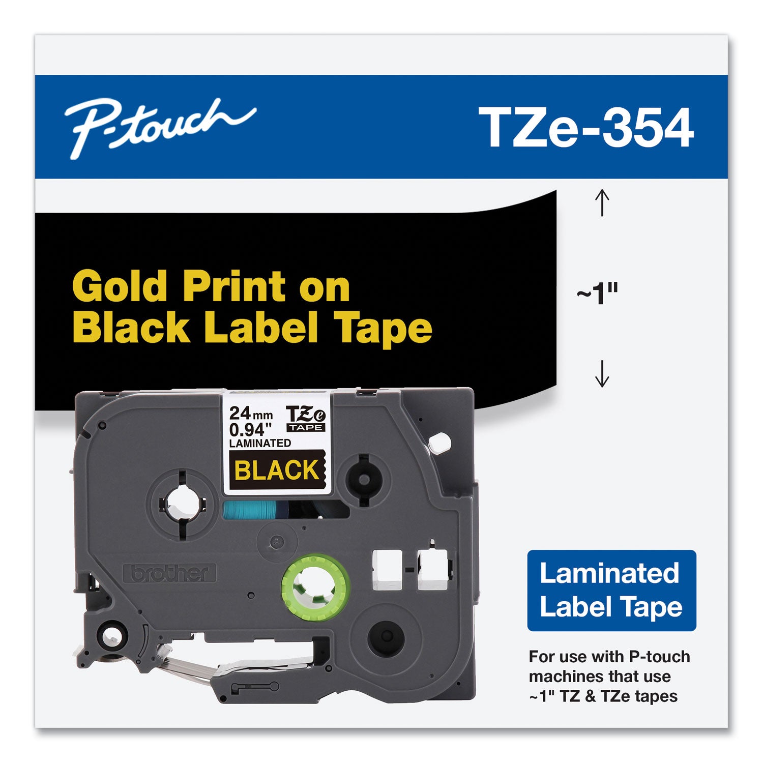 Brother P-Touch® TZe Standard Adhesive Laminated Labeling Tape, 0.94" x 26.2 ft, Gold on Black