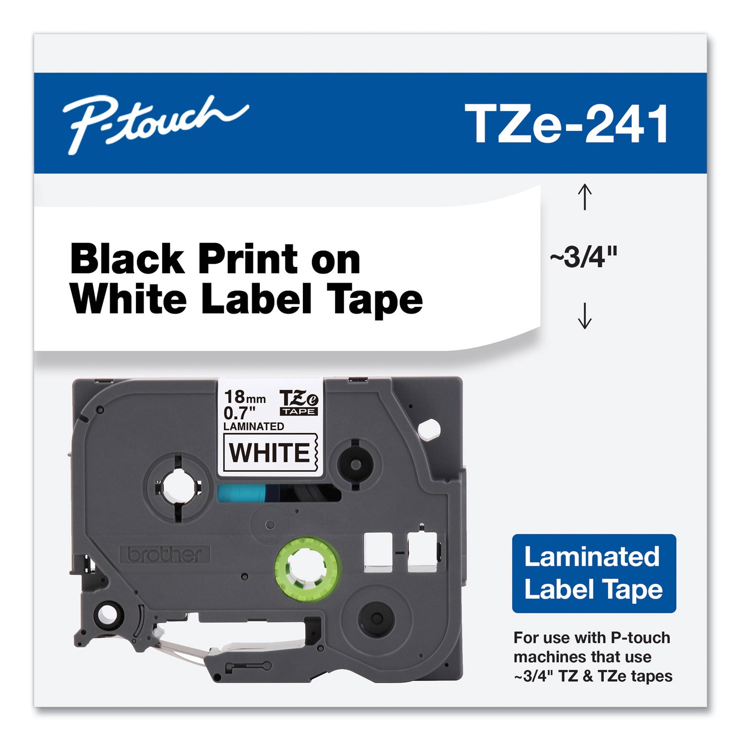 Brother P-Touch® TZe Standard Adhesive Laminated Labeling Tape, 0.7" x 26.2 ft, Black on White