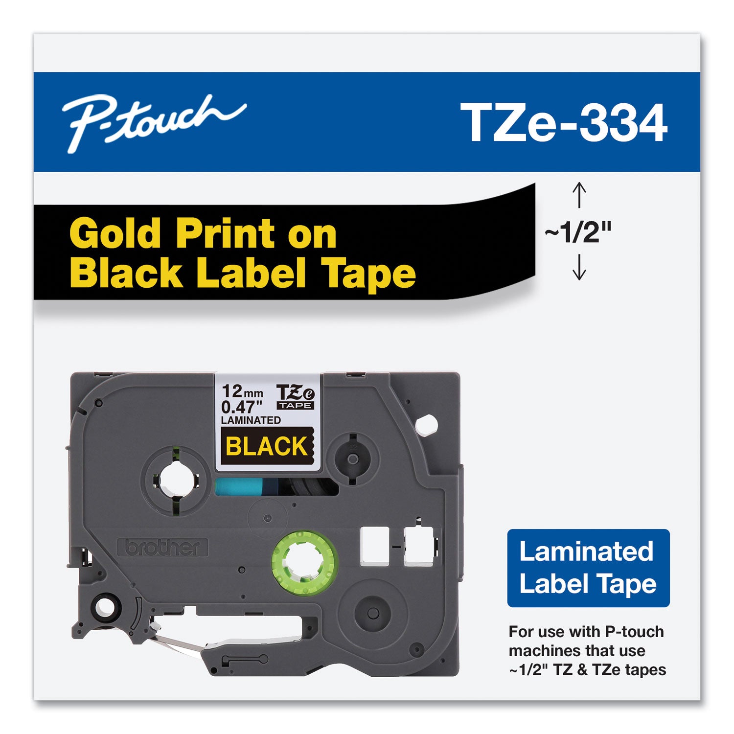 Brother P-Touch® TZe Standard Adhesive Laminated Labeling Tape, 0.47" x 26.2 ft, Gold on Black