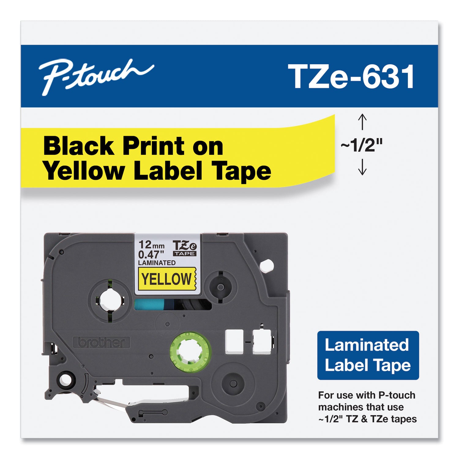 Brother P-Touch® TZe Standard Adhesive Laminated Labeling Tape, 0.47" x 26.2 ft, Black on Yellow