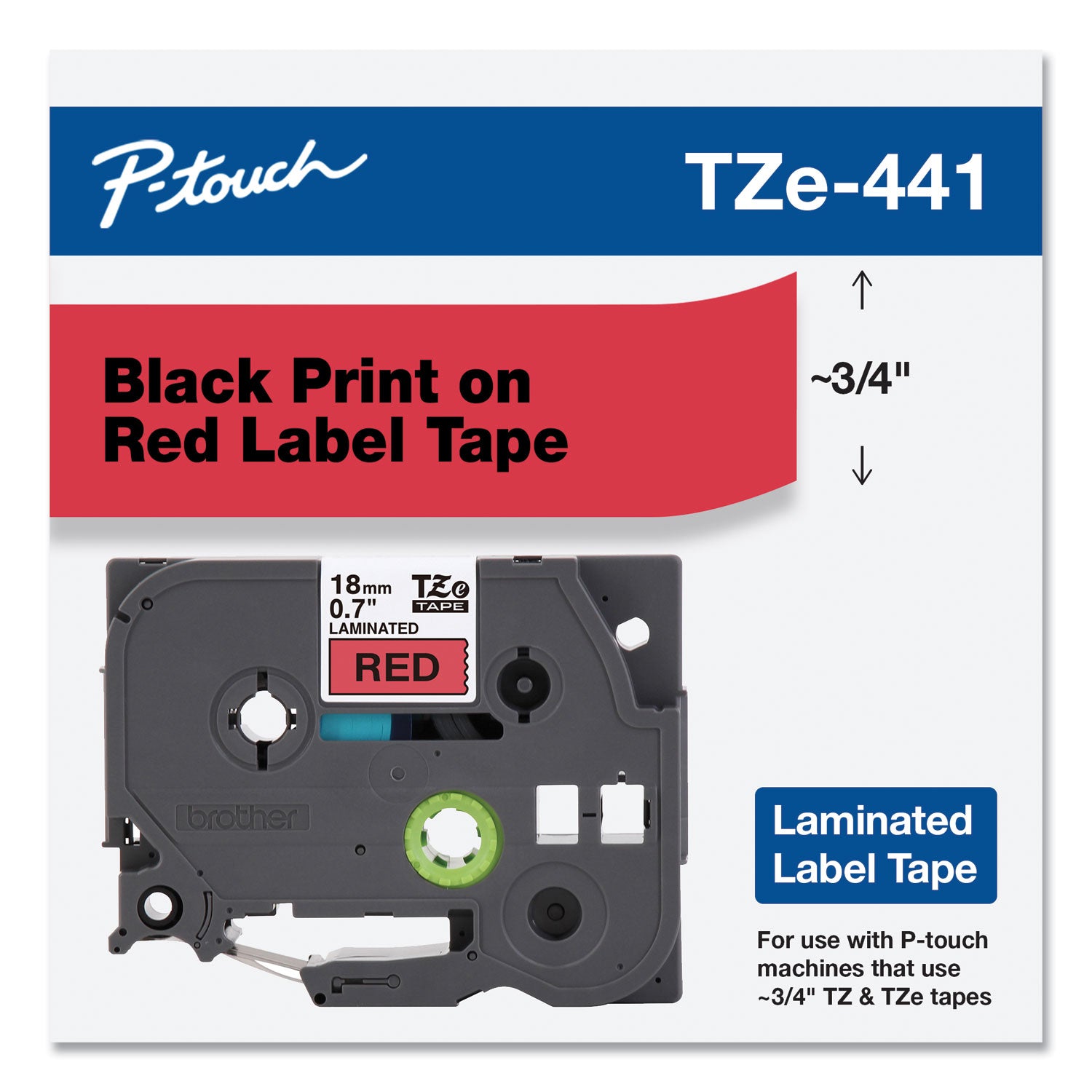 Brother P-Touch® TZe Standard Adhesive Laminated Labeling Tape, 0.7" x 26.2 ft, Black on Red