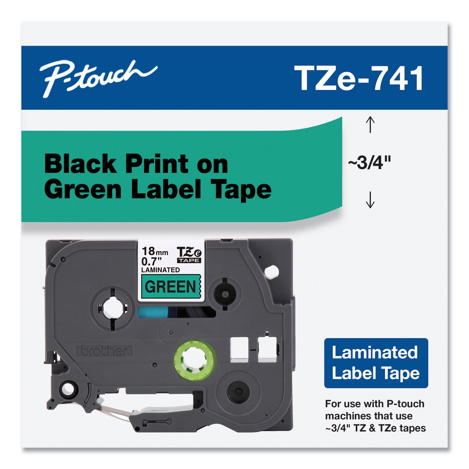 Brother P-Touch® TZe Standard Adhesive Laminated Labeling Tape, 0.7" x 26.2 ft, Black on Green