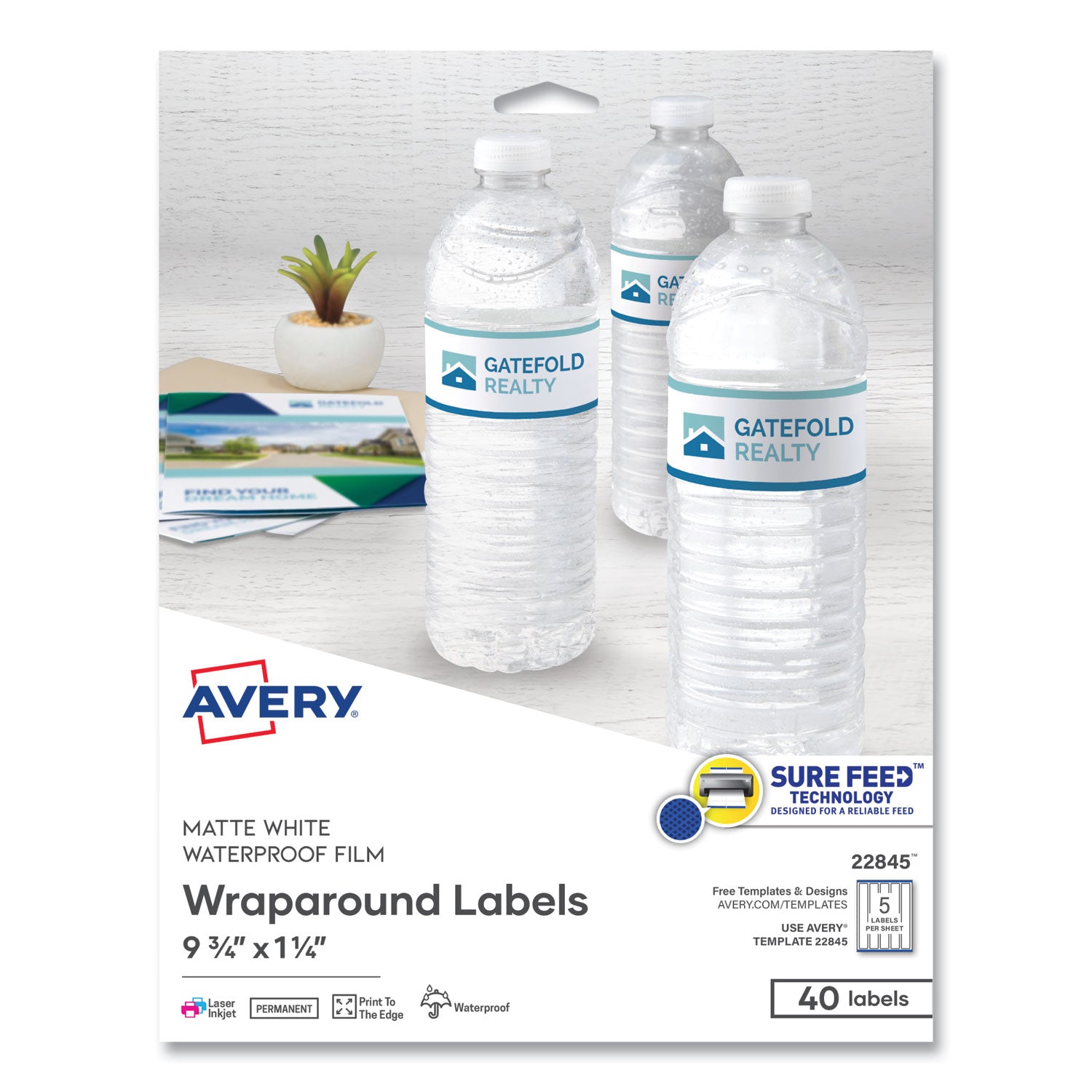 Water-Resistant Wraparound Labels w/ Sure Feed, 9.75 x 1.25, White, 40/Pack