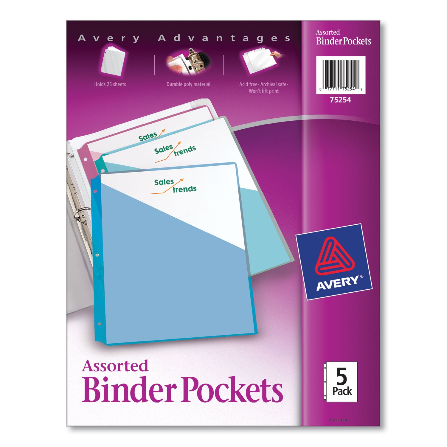 Binder Pockets, 3-Hole Punched, 9.25 x 11, Assorted Colors, 5/Pack