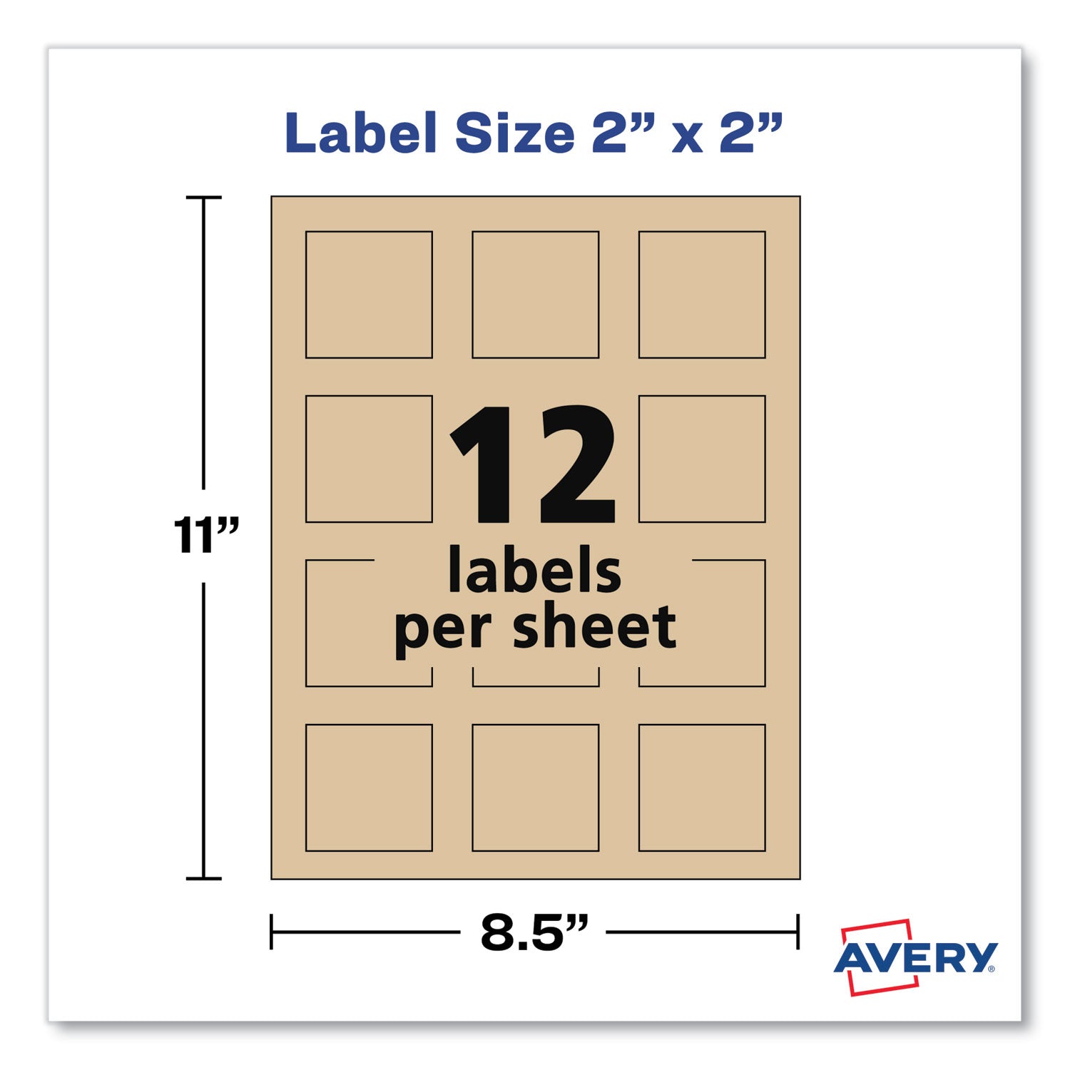 Avery® Square Print-to-the-Edge Labels, Inkjet/Laser Printers, 2 x 2, Kraft Brown, 12/Sheet, 25 Sheets/Pack