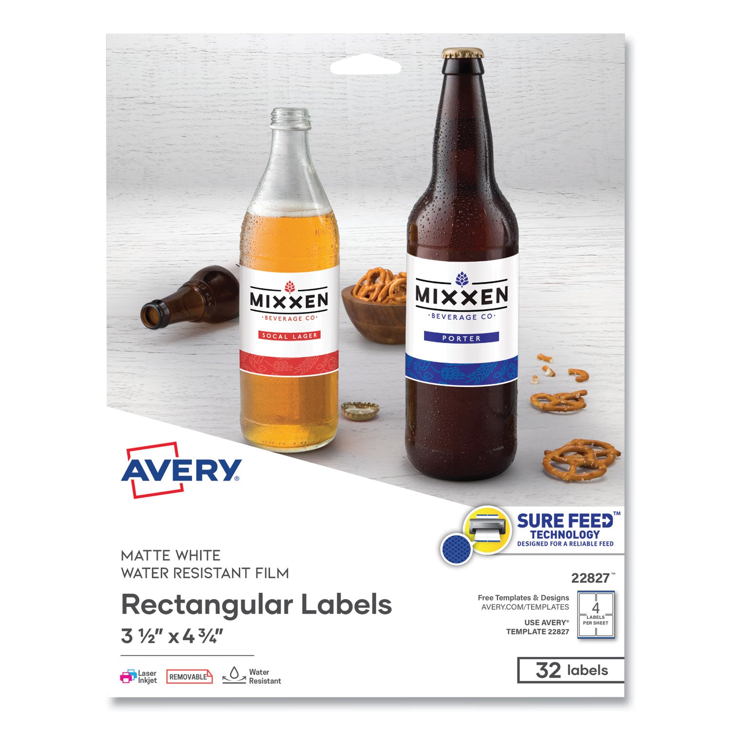 Removable Print-to-the-Edge White Labels w/ Sure Feed, 3.5 x 4.75, 32/Pack