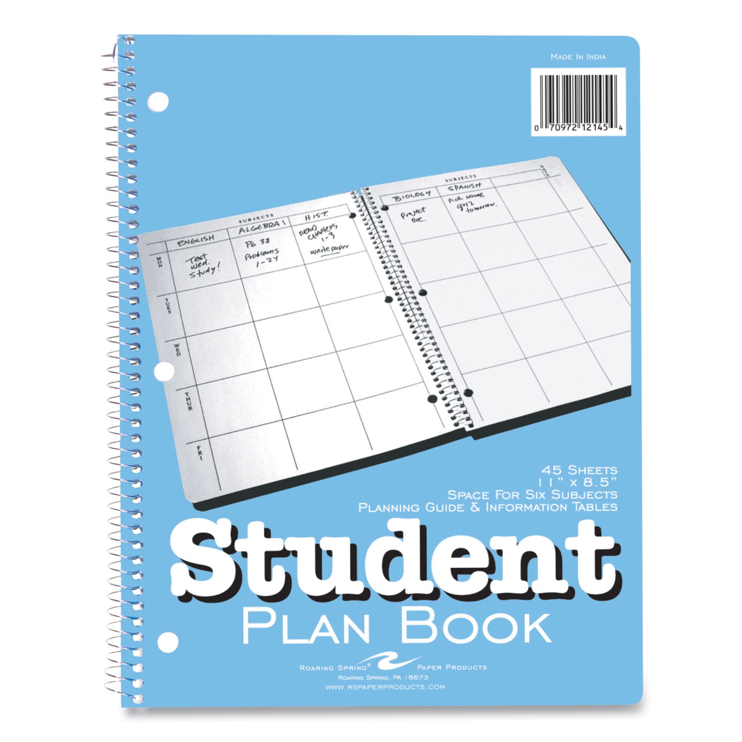 Student Academic Planner Spiral 40-Weeks: Six-Subject Day, Blue/White Cover,