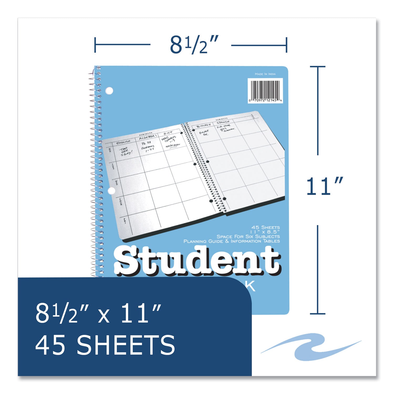 Roaring Spring® Student Plan Book, 40-Weeks: Six-Subject Day, Blue/White Cover, (100) 11 x 8.5 Sheets