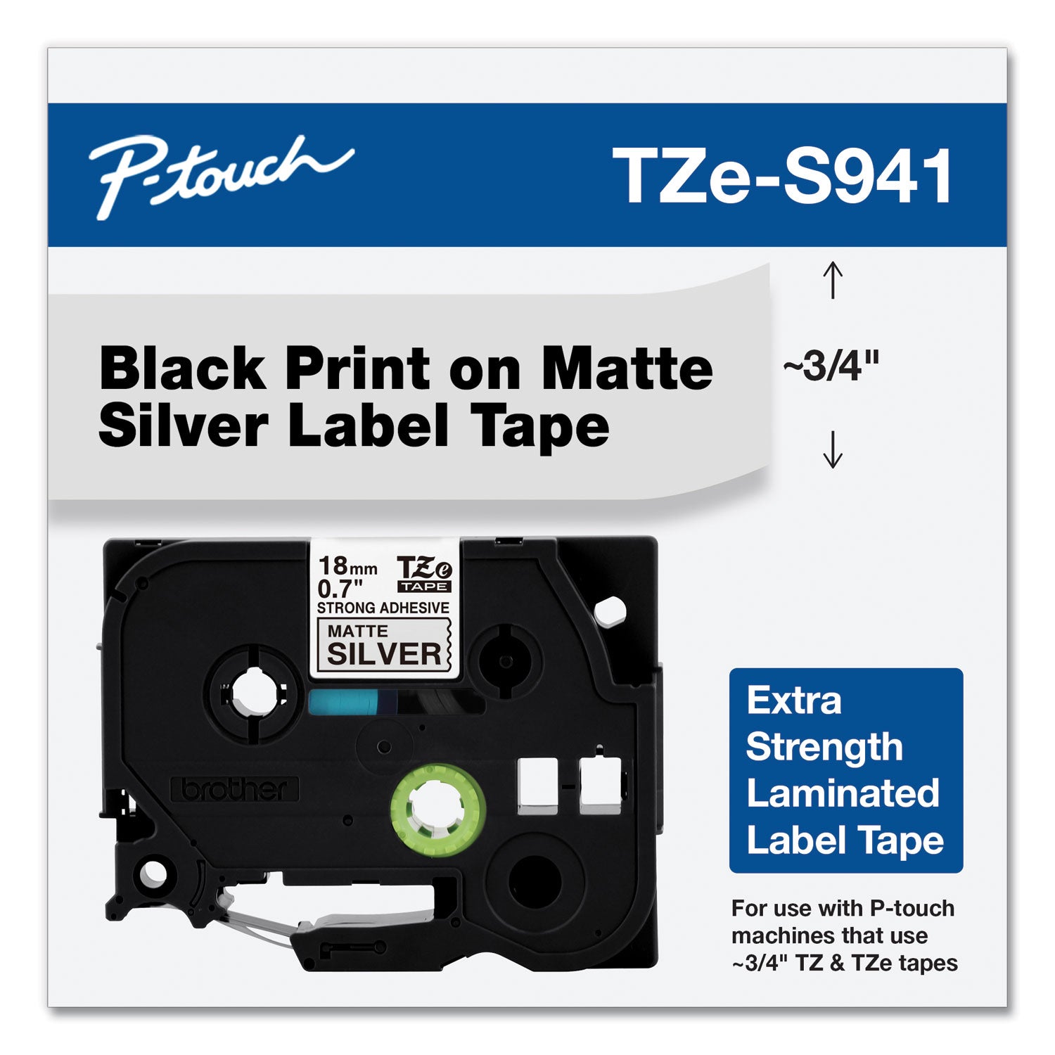 Brother P-Touch® TZ Extra-Strength Adhesive Laminated Labeling Tape, 0.7" x 26.2 ft, Black on Matte Silver