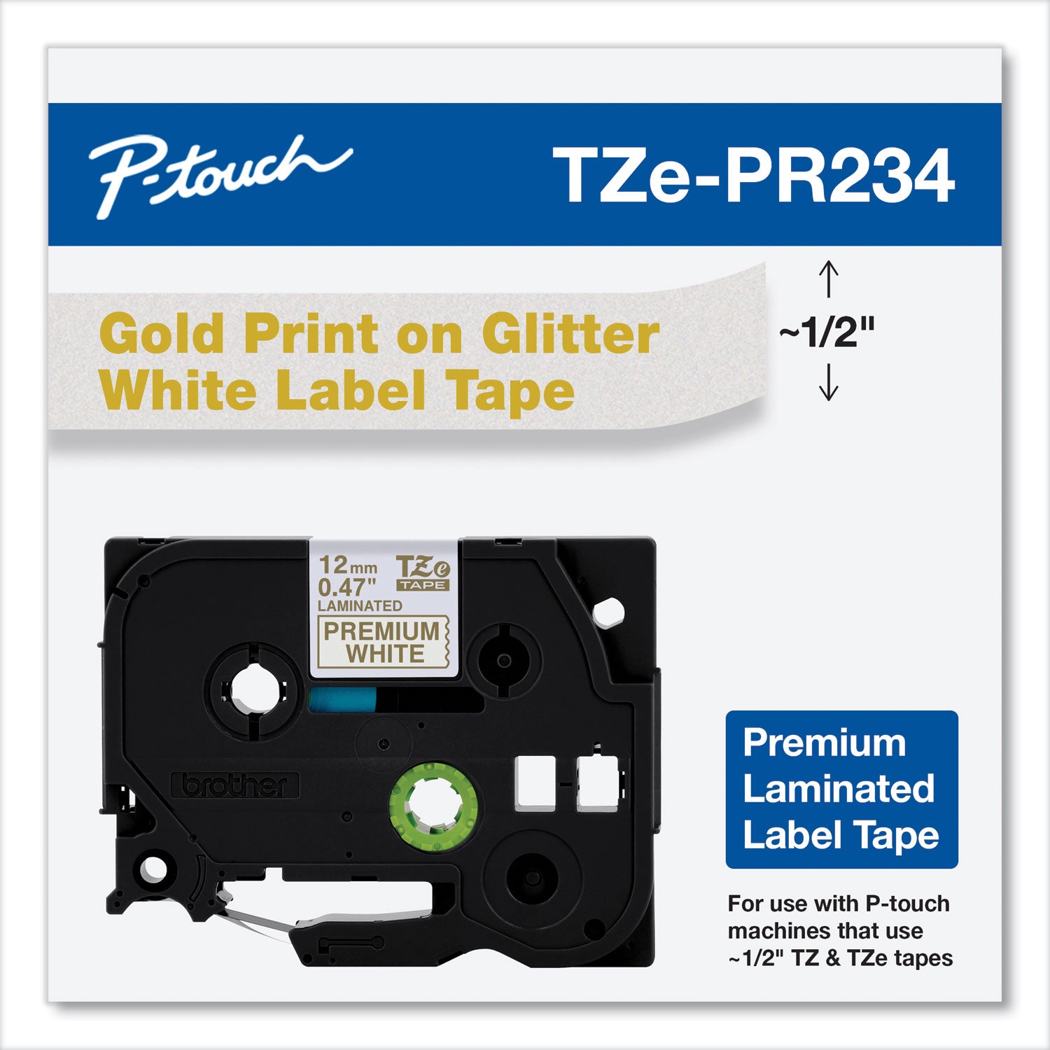 Brother TZe Premium Laminated Tape, 0.94" x 26.2 ft, Gold on White