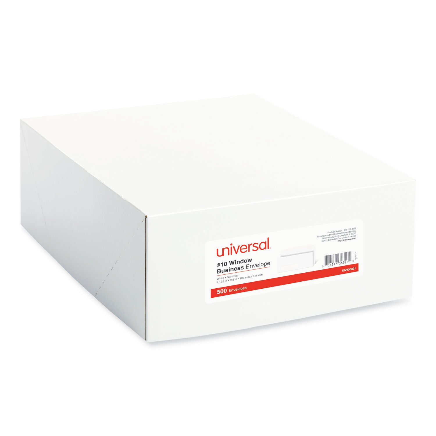 Universal® Open-Side Business Envelope, 1 Window, #10, Square Flap, Gummed Closure, 4.13 x 9.5, White, 500/Box