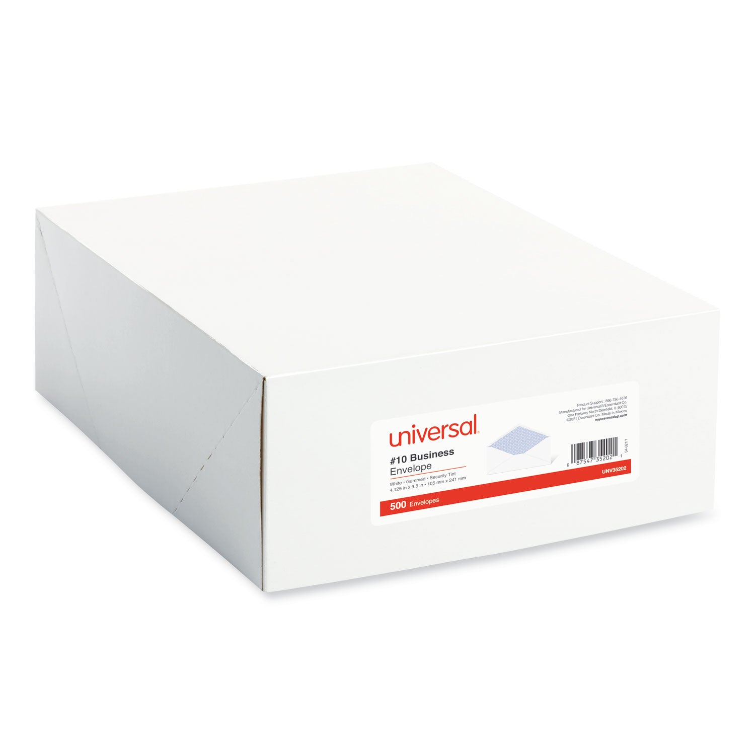 Universal® Open-Side Security Tint Business Envelope, #10, Monarch Flap, Gummed Closure, 4.13 x 9.5, White, 500/Box