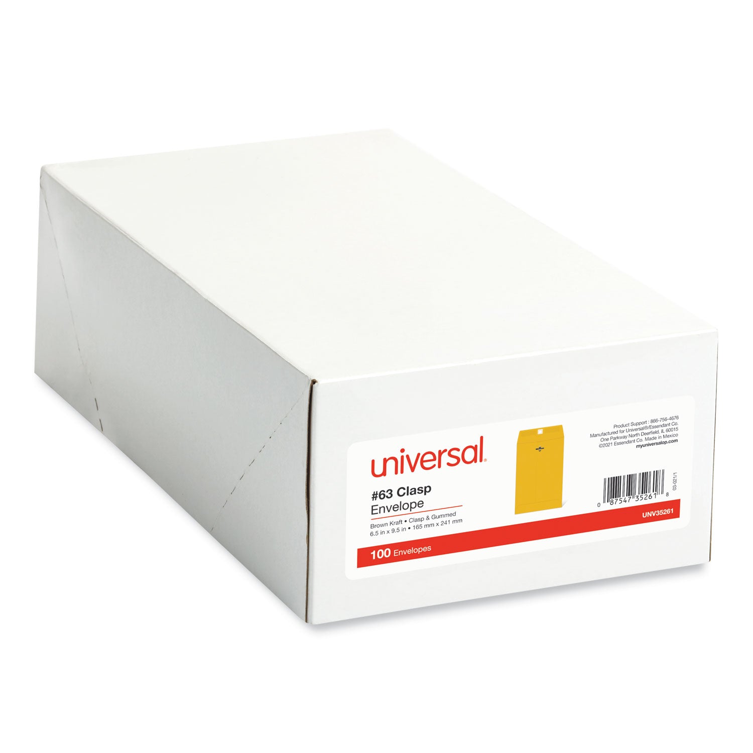 Universal® Kraft Clasp Envelope, #63, Square Flap, Clasp/Gummed Closure, 6.5 x 9.5, Brown Kraft, 100/Box