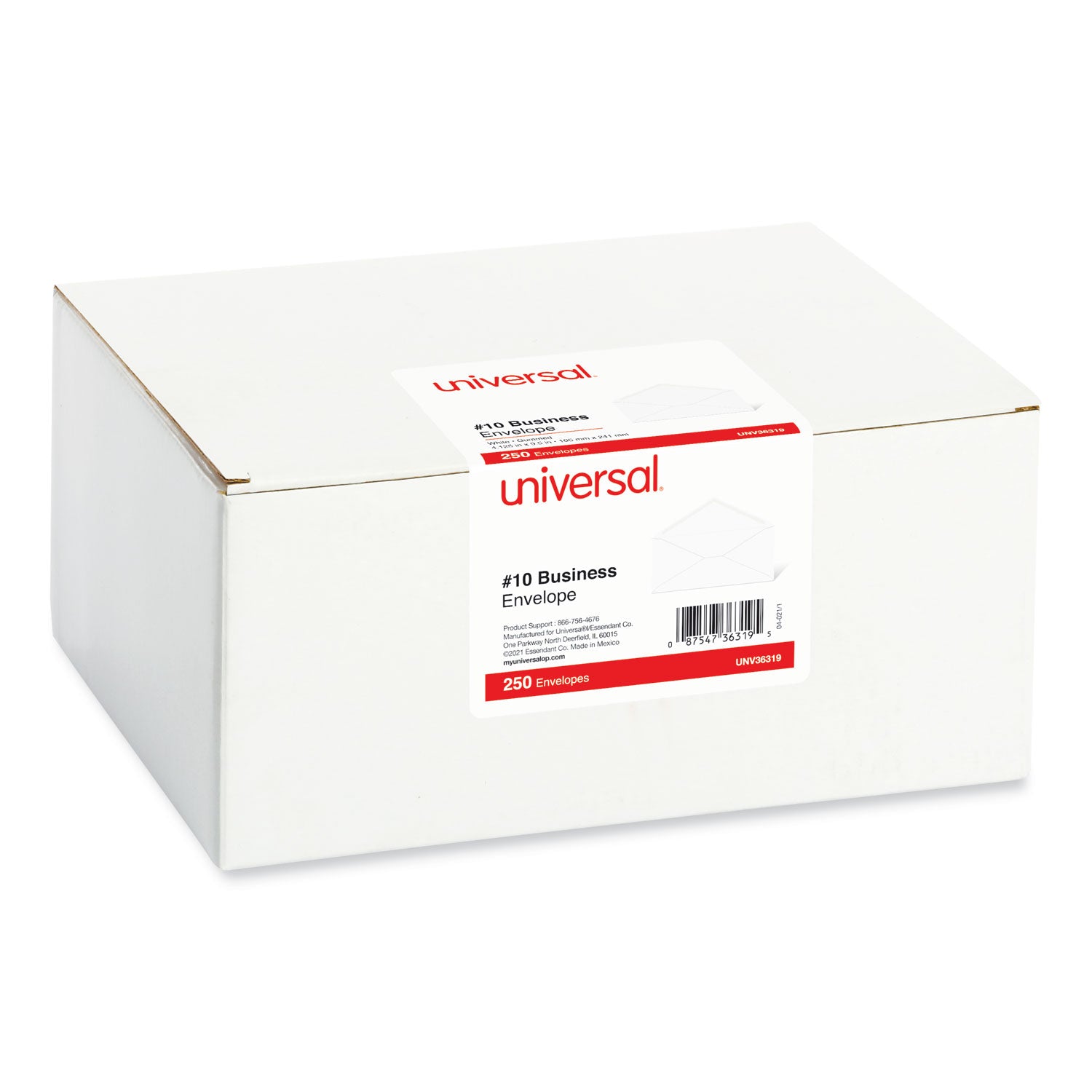 Universal® Open-Side Business Envelope, #10, Monarch Flap, Gummed Closure, 4.13 x 9.5, White, 250/Carton