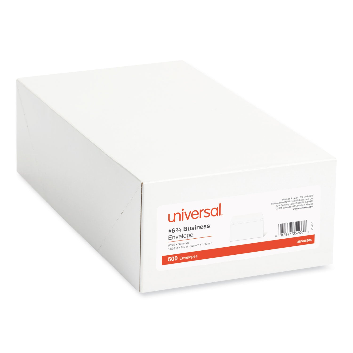 Universal® Open-Side Business Envelope, #6 3/4, Square Flap, Gummed Closure, 3.63 x 6.5, White, 500/Box