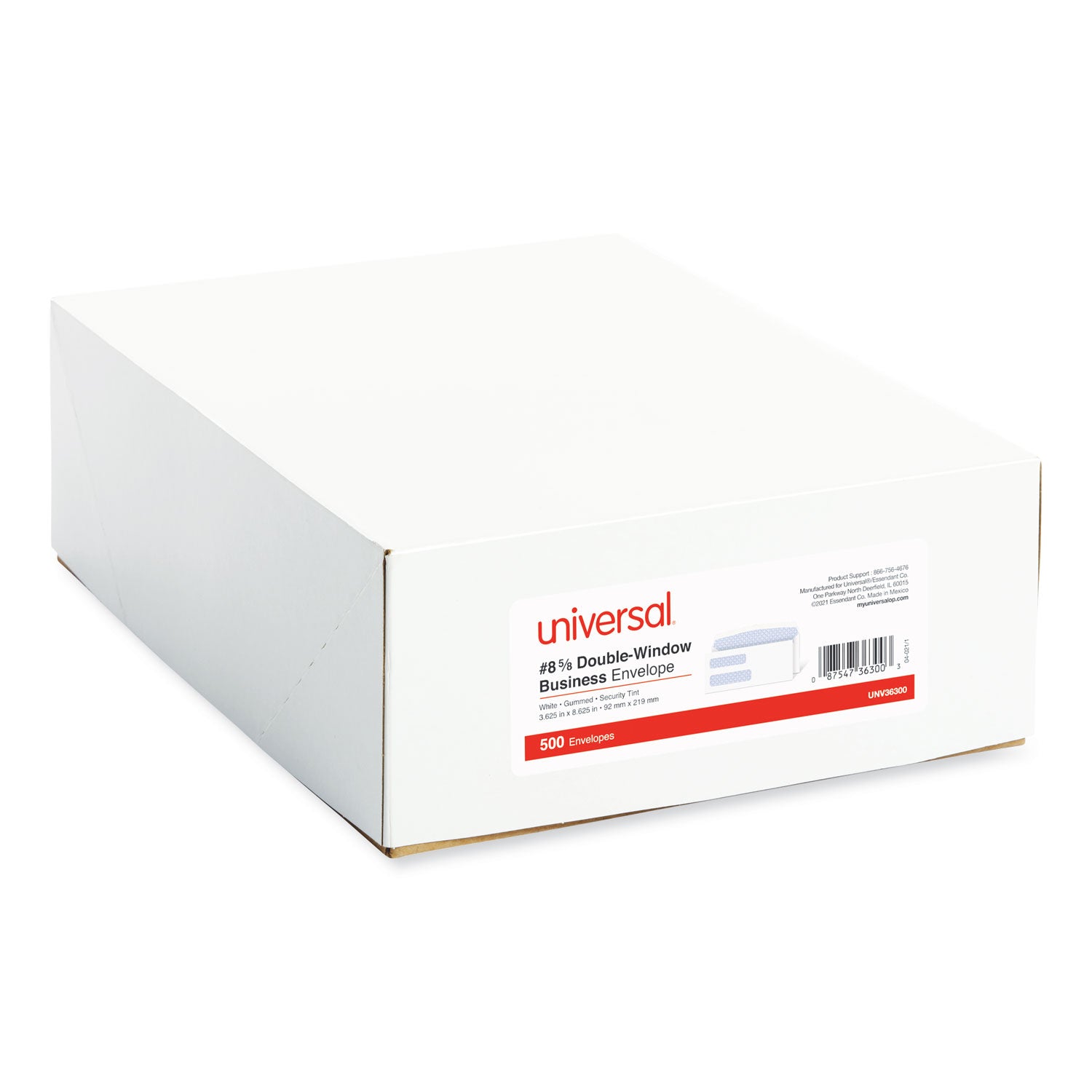 Universal® Double Window Business Envelope, #8 5/8, Commercial Flap, Gummed Closure, 3.63 x 8.63, White, 500/Box