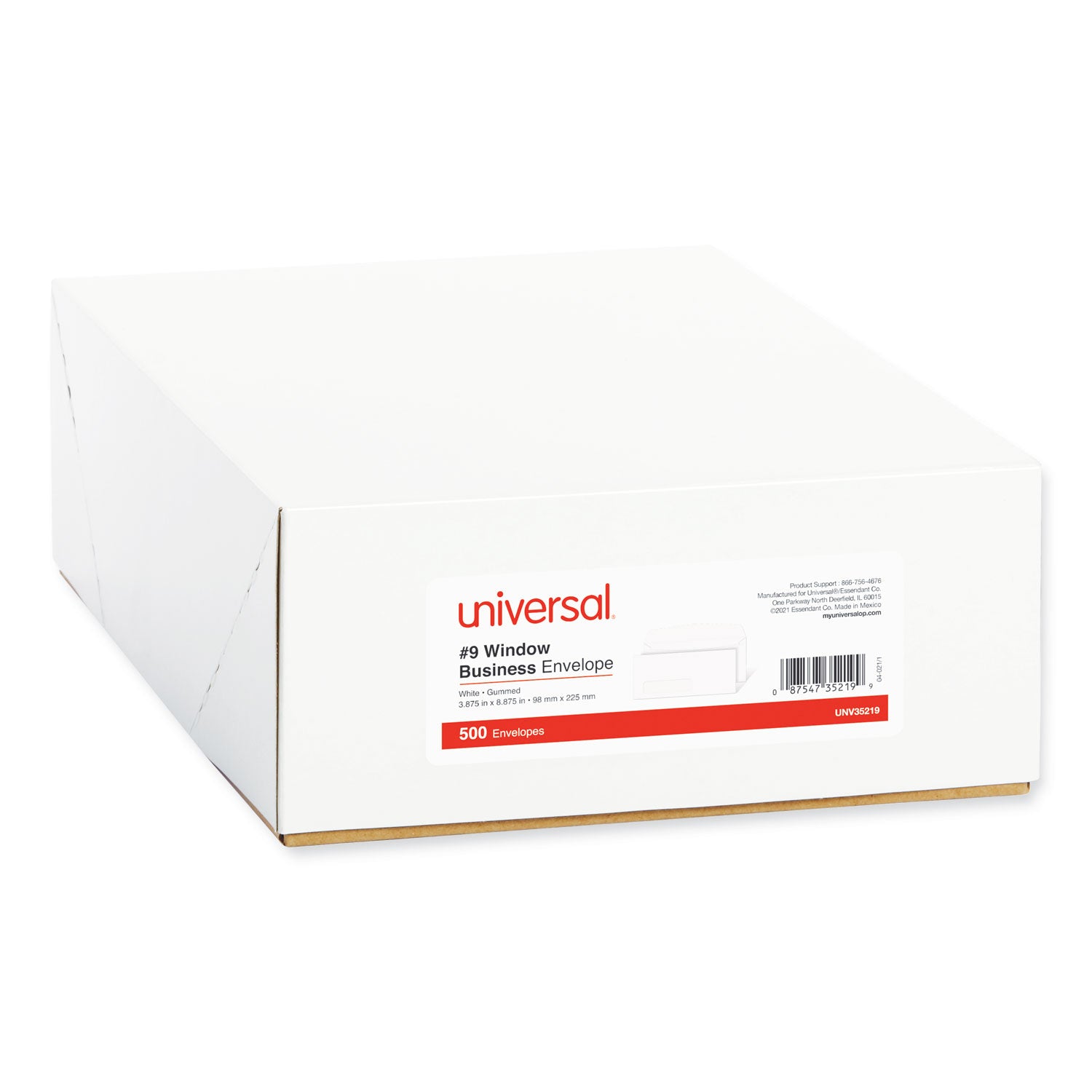 Universal® Open-Side Business Envelope, 1 Window, #9, Square Flap, Gummed Closure, 3.88 x 8.88, White, 500/Box