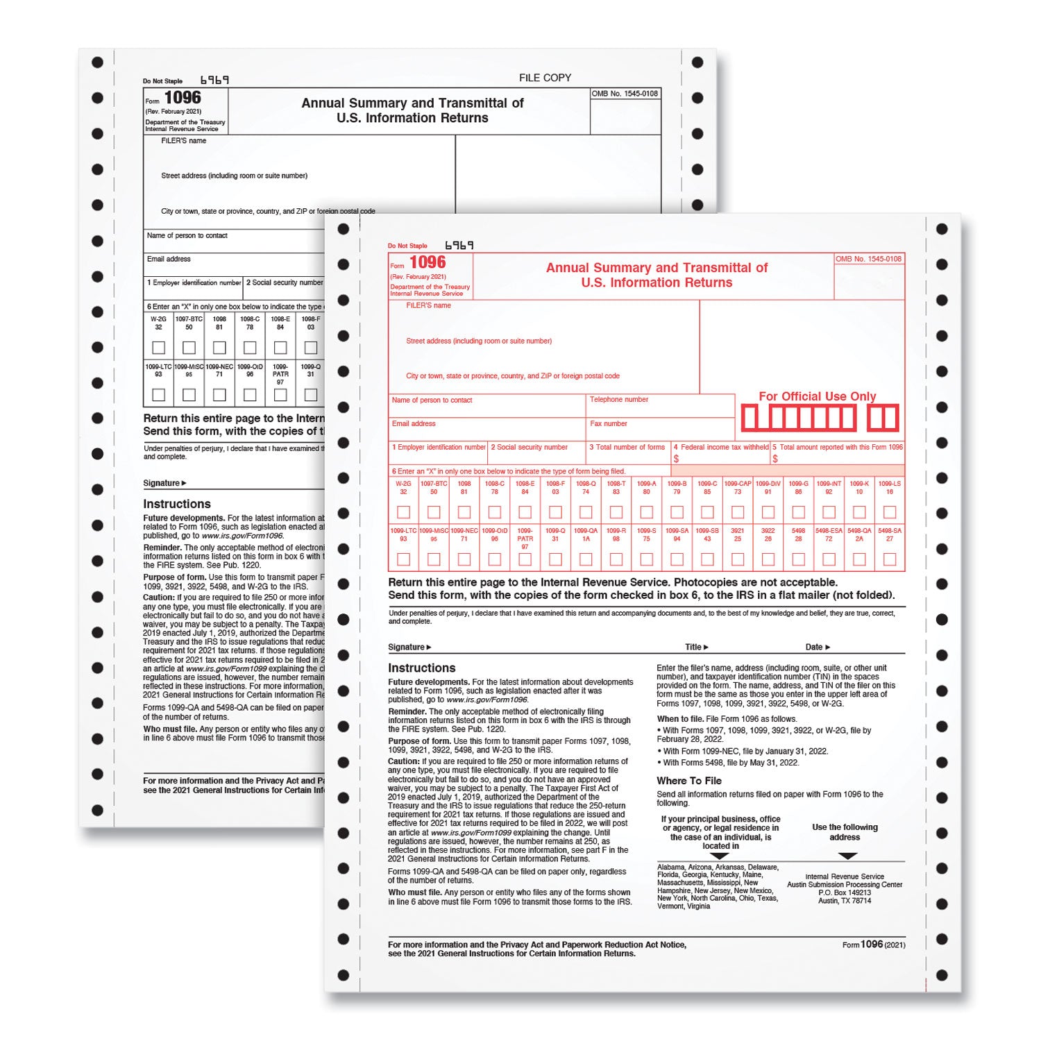 1096 Tax Form for Dot Matrix Printers, Fiscal Year: 2023, Two-Part Carbonless, 8 x 11, 10 Forms Total