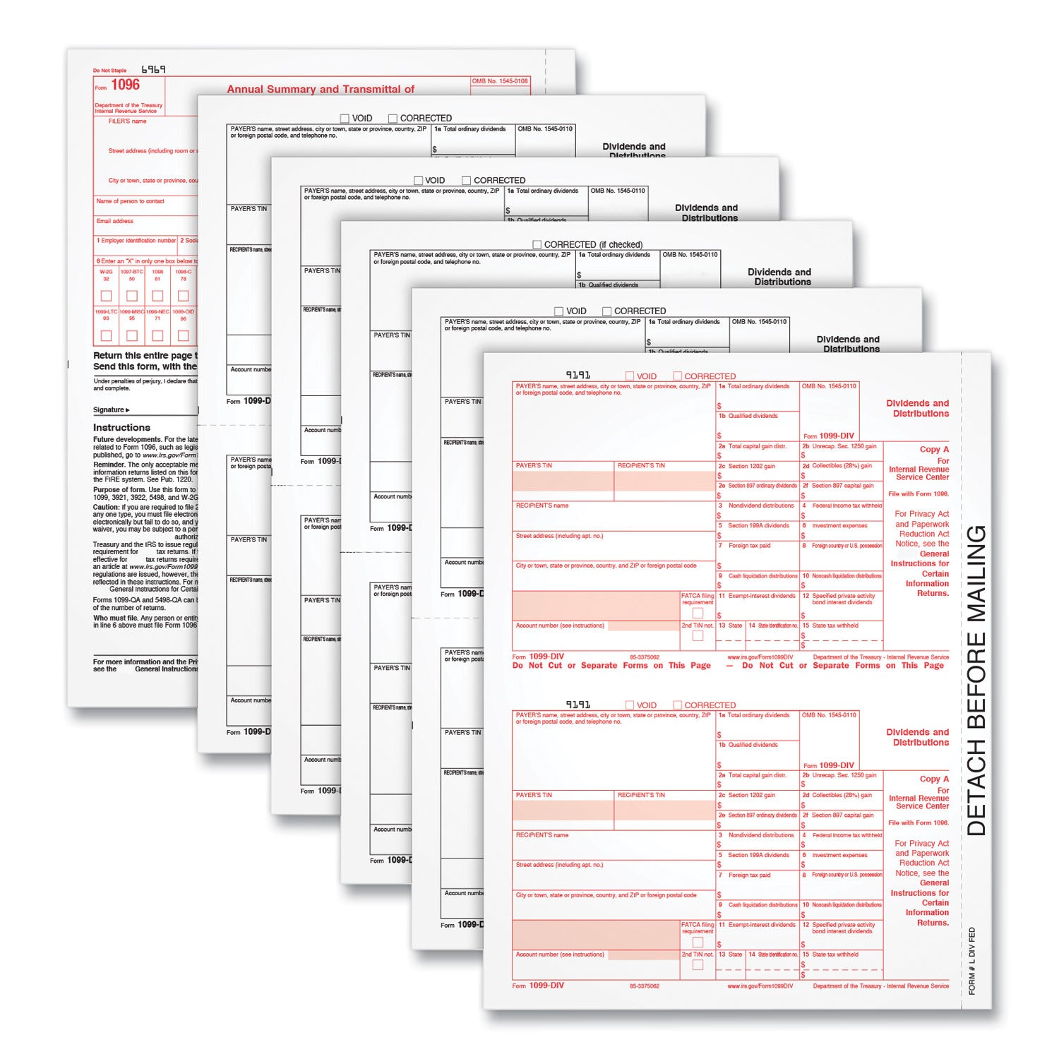 1099-DIV Tax Forms for Inkjet/Laser Printers, Fiscal Year: 2023, Five-Part Carbonless, 8 x 5.5, 2 Forms/Sheet, 24 Forms Total