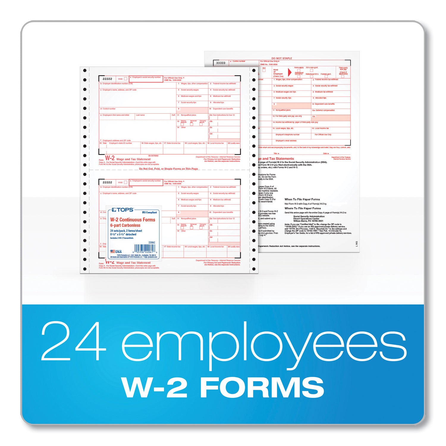 TOPS™ W-2 Tax Forms for Dot Matrix Printers, Fiscal Year: 2023, Six-Part Carbonless, 5.5 x 8.5, 2 Forms/Sheet, 24 Forms Total