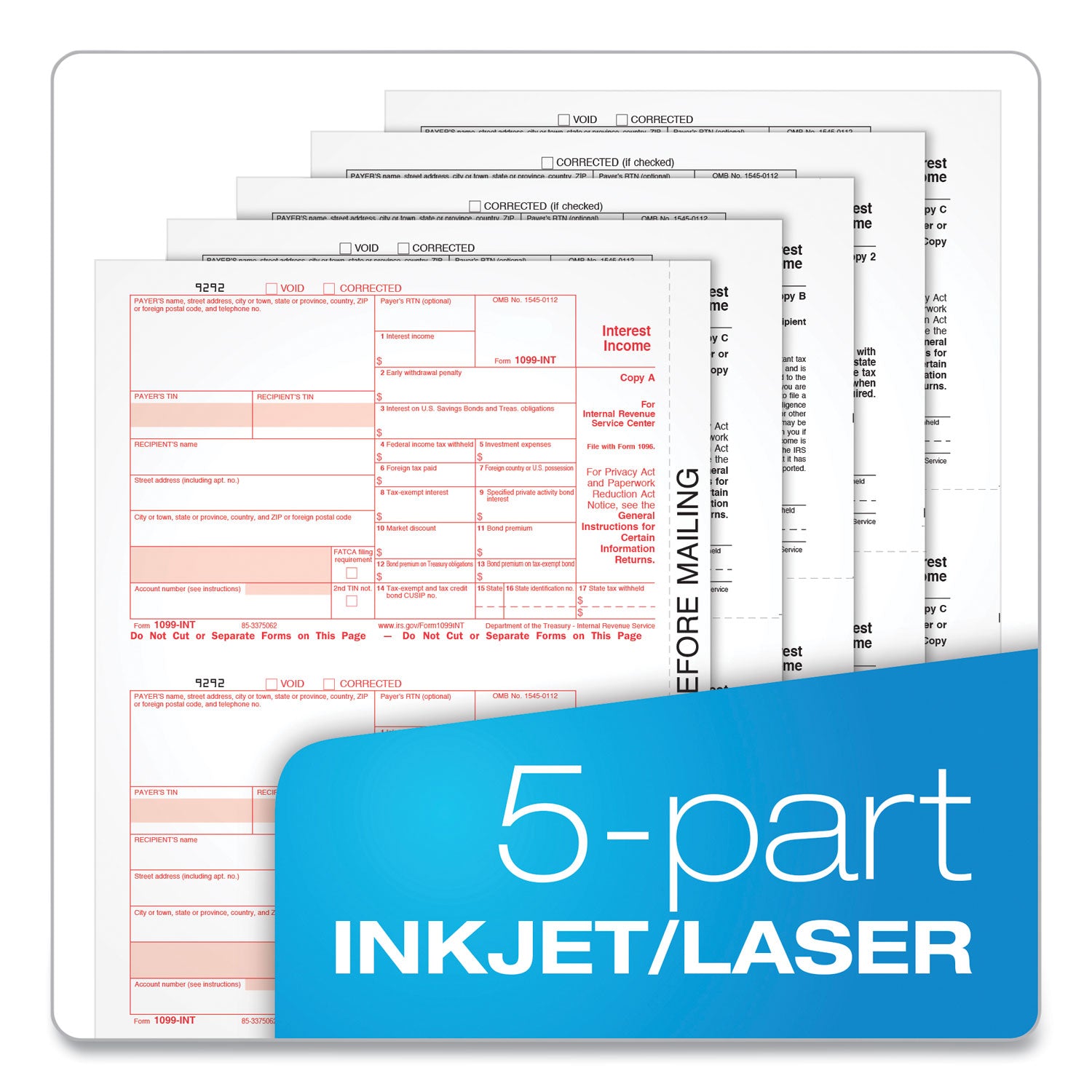 TOPS™ 1099-INT Tax Forms for Inkjet/Laser Printers, Fiscal Year: 2023, Five-Part Carbonless, 8 x 5.5, 2 Forms/Sheet, 24 Forms Total