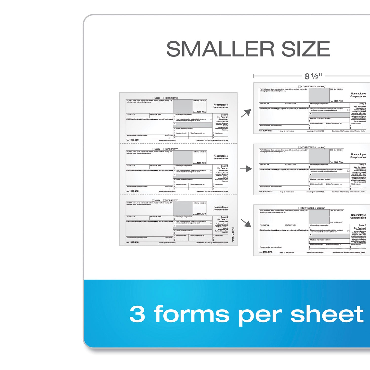 TOPS™ 1099-NEC Online Tax Kit, Fiscal Year: 2024, Five-Part Carbonless, 8.5 x 3.5, 3 Forms/Sheet, 24 Forms Total