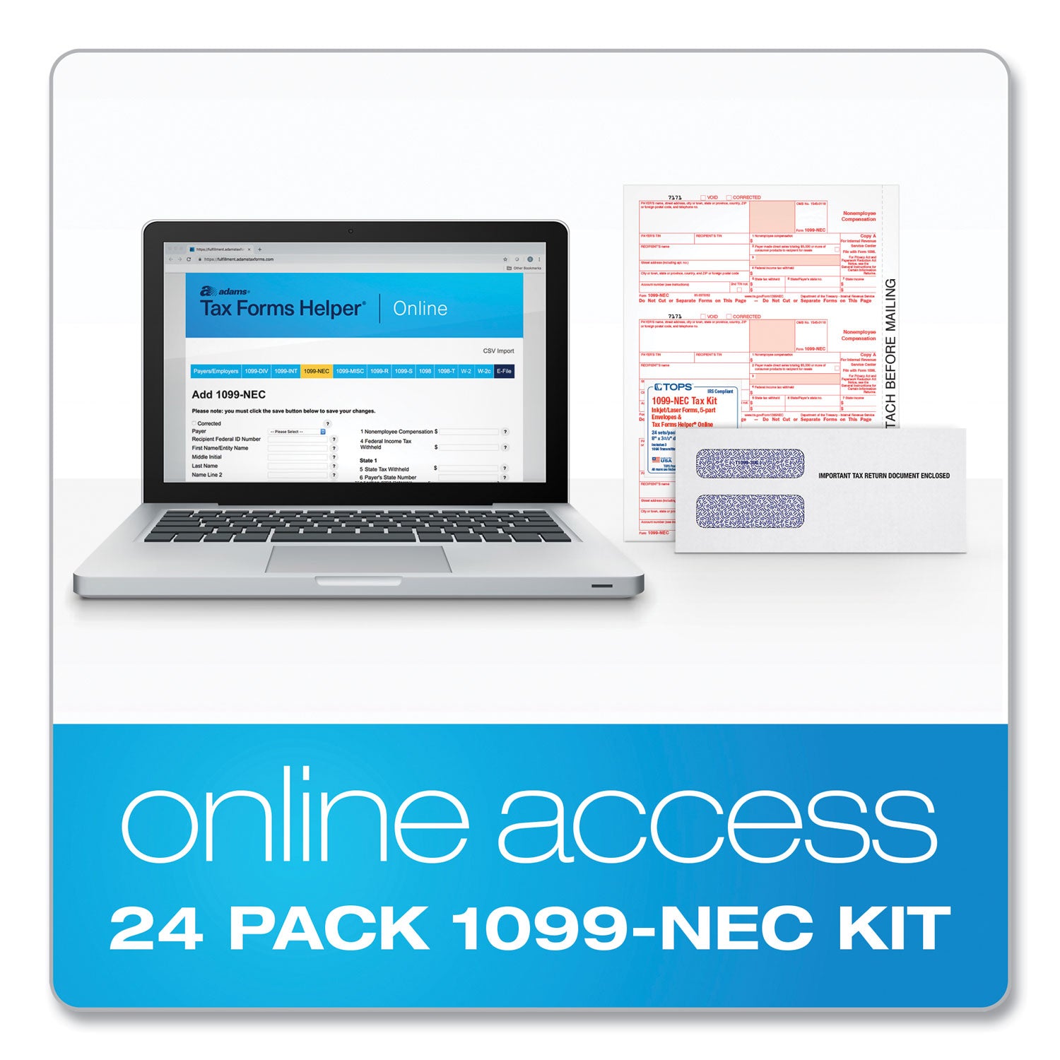 TOPS™ 1099-NEC Online Tax Kit, Fiscal Year: 2023, Five-Part Carbonless, 8.5 x 3.5, 3 Forms/Sheet, 24 Forms Total