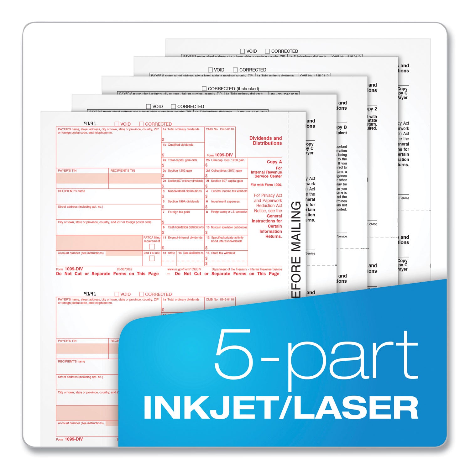 TOPS™ 1099-DIV Tax Forms for Inkjet/Laser Printers, Fiscal Year: 2023, Five-Part Carbonless, 8 x 5.5, 2 Forms/Sheet, 24 Forms Total