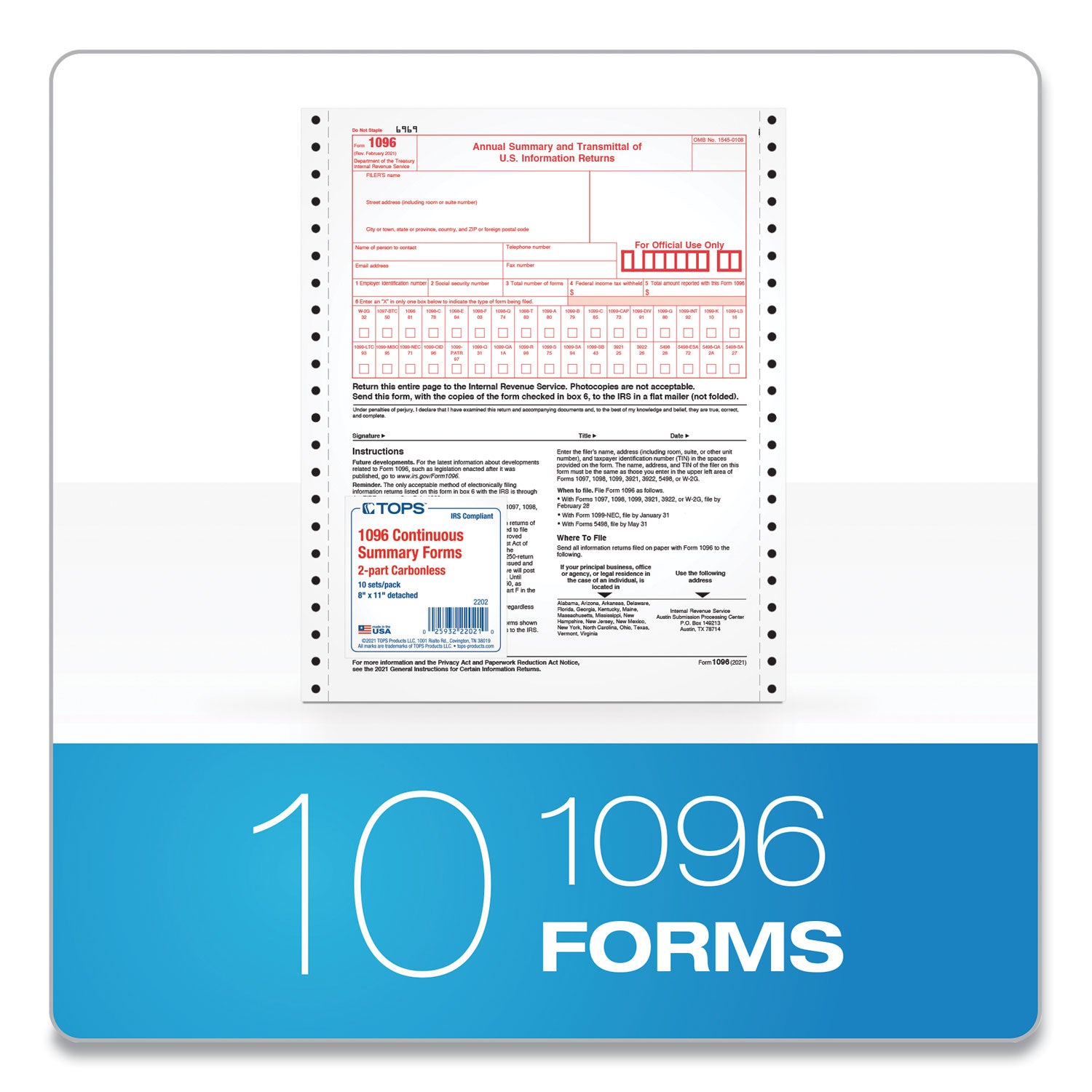 1096 Tax Form for Dot Matrix Printers, Fiscal Year: 2023, Two-Part Carbonless, 8 x 11, 10 Forms Total TOPS™ Flipcost