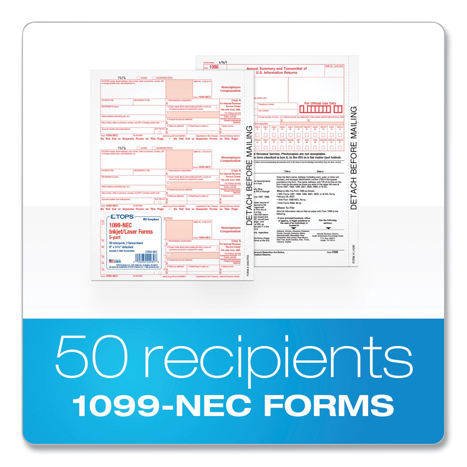 TOPS™ 1099-NEC Tax Forms, Fiscal Year: 2023, Five-Part Carbonless, 8.5 x 3.5, 3 Forms/Sheet, 50 Forms Total