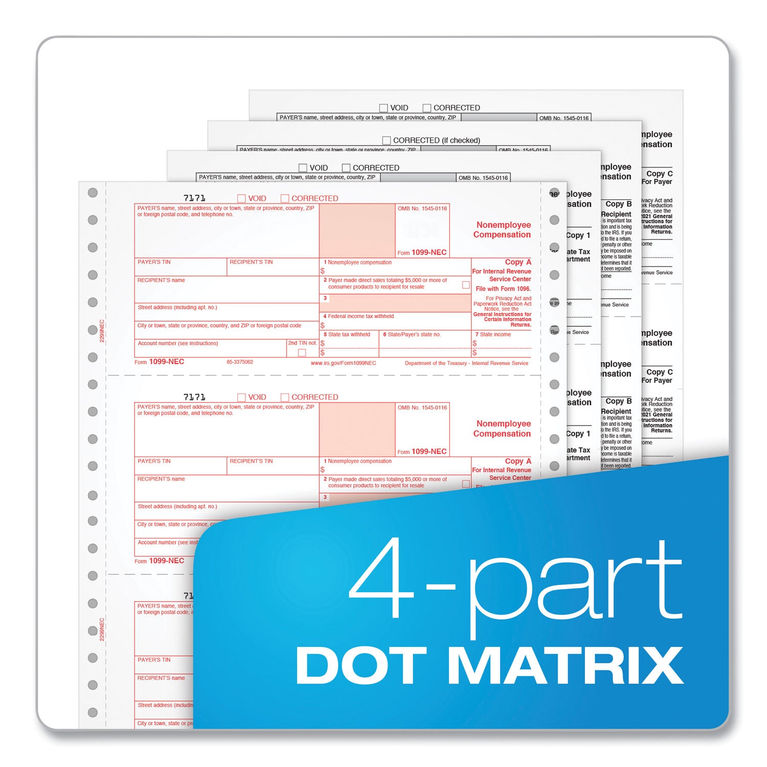 TOPS™ 1099-NEC Continuous Tax Forms, Fiscal Year: 2024, Four-Part Carbonless, 8.5 x 5.5, 2 Forms/Sheet, 24 Forms Total