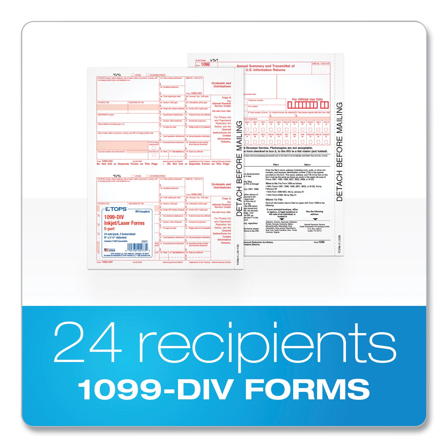 TOPS™ 1099-DIV Tax Forms for Inkjet/Laser Printers, Fiscal Year: 2023, Five-Part Carbonless, 8 x 5.5, 2 Forms/Sheet, 24 Forms Total