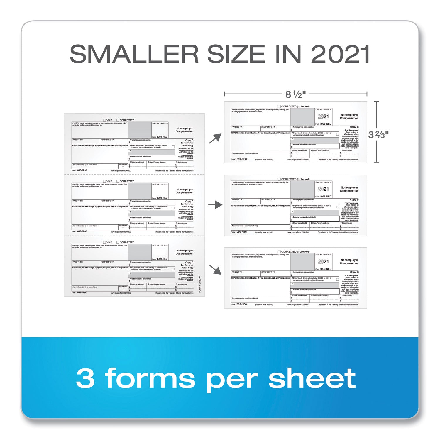 TOPS™ 1099-NEC Tax Forms, Fiscal Year: 2023, Five-Part Carbonless, 8.5 x 3.5, 3 Forms/Sheet, 50 Forms Total