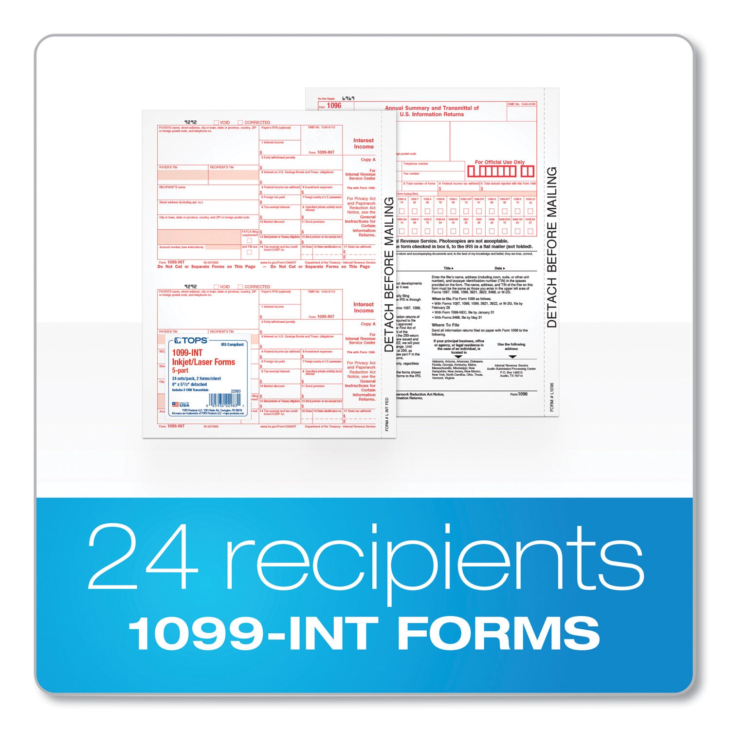 TOPS™ 1099-INT Tax Forms for Inkjet/Laser Printers, Fiscal Year: 2023, Five-Part Carbonless, 8 x 5.5, 2 Forms/Sheet, 24 Forms Total