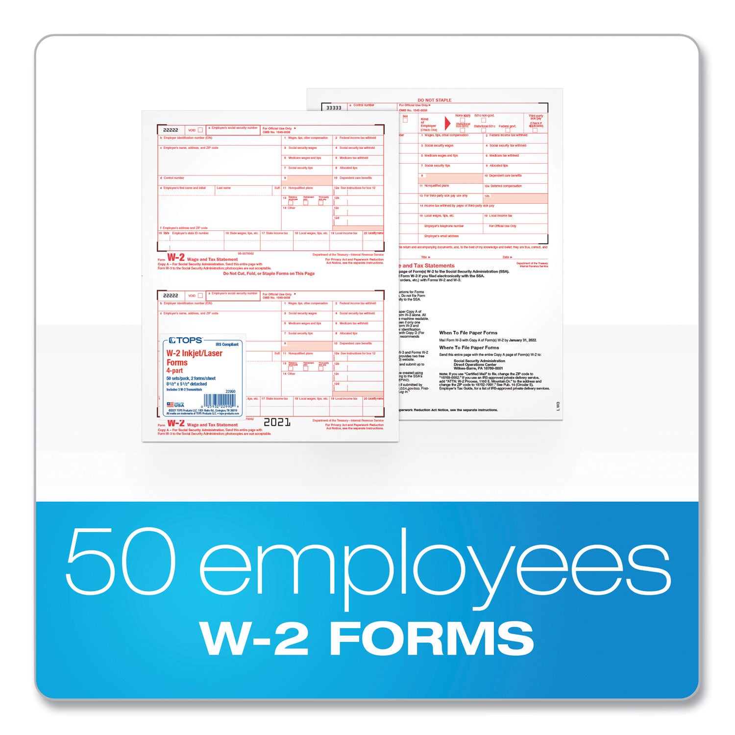 TOPS™ W-2 Tax Forms for Inkjet/Laser Printers, Fiscal Year: 2023, Four-Part Carbonless, 8.5 x 5.5, 2 Forms/Sheet, 50 Forms Total