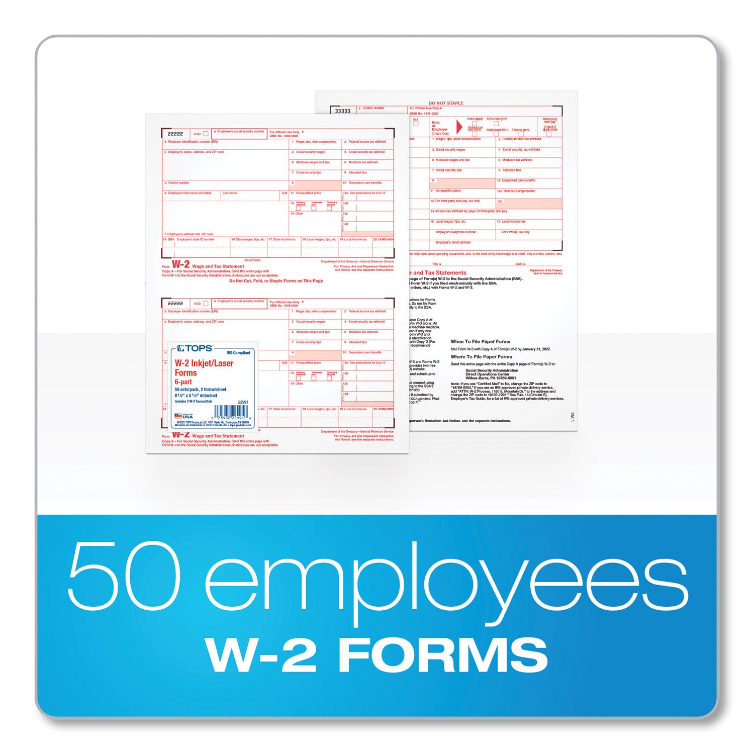 TOPS™ W-2 Tax Forms for Inkjet/Laser Printers, Fiscal Year: 2024, Six-Part Carbonless, 8.5 x 5.5, 2 Forms/Sheet, 50 Forms Total