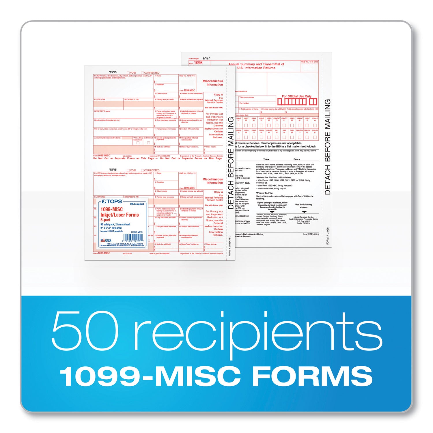 TOPS™ 1099-MISC Tax Forms, Fiscal Year: 2023, Five-Part Carbonless, 8.5 x 5.5, 2 Forms/Sheet, 50 Forms Total