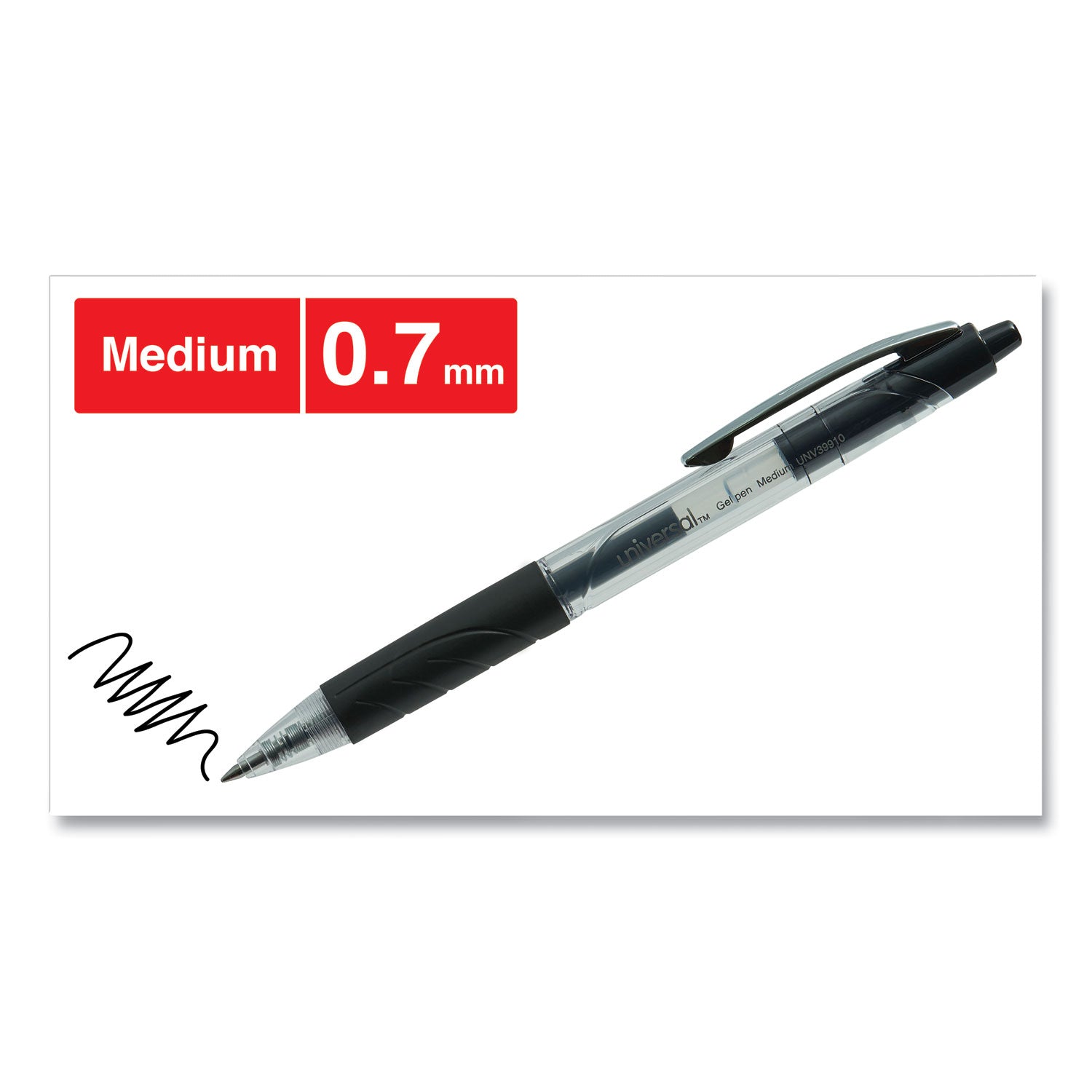 Universal™ Comfort Grip Gel Pen, Retractable, Medium 0.7 mm, Black Ink, Clear/Black Barrel, 36/Pack