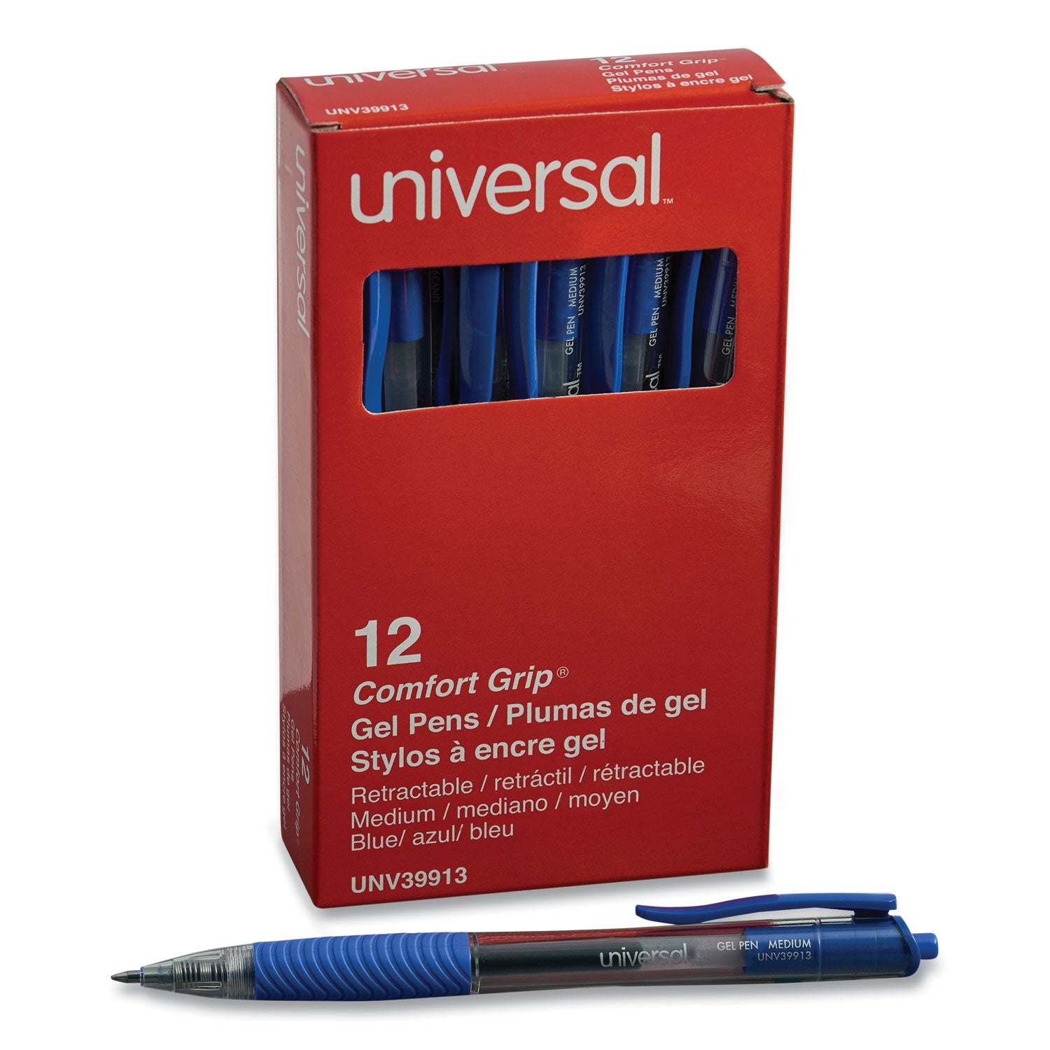 Universal™ Comfort Grip Gel Pen, Retractable, Medium 0.7 mm, Blue Ink, Clear/Blue Barrel, Dozen