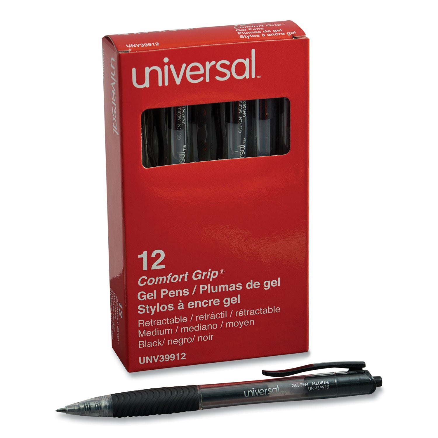 Universal™ Comfort Grip Gel Pen, Retractable, Medium 0.7 mm, Black Ink, Clear/Black Barrel, Dozen