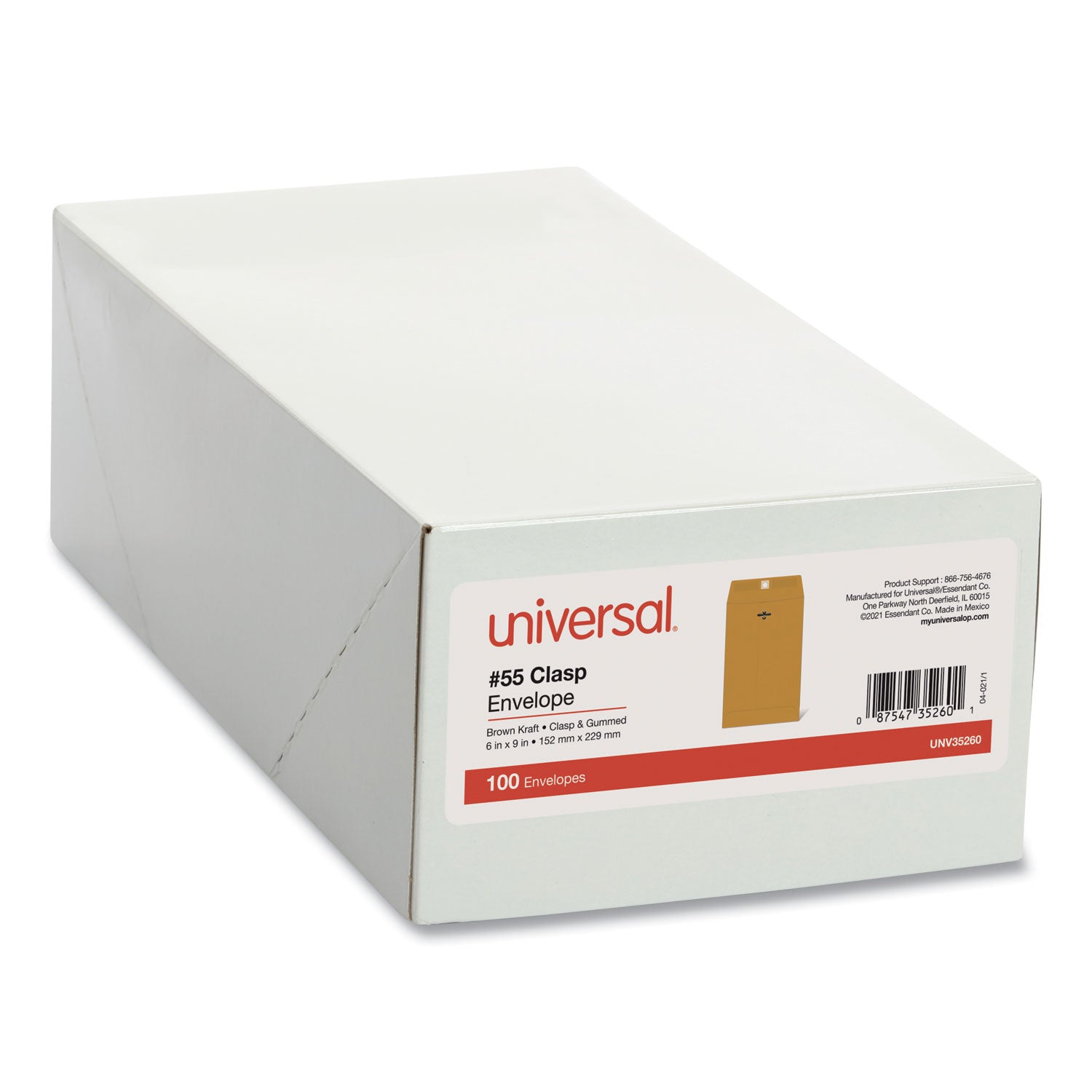 Universal® Kraft Clasp Envelope, #55, Square Flap, Clasp/Gummed Closure, 6 x 9, Brown Kraft, 100/Box