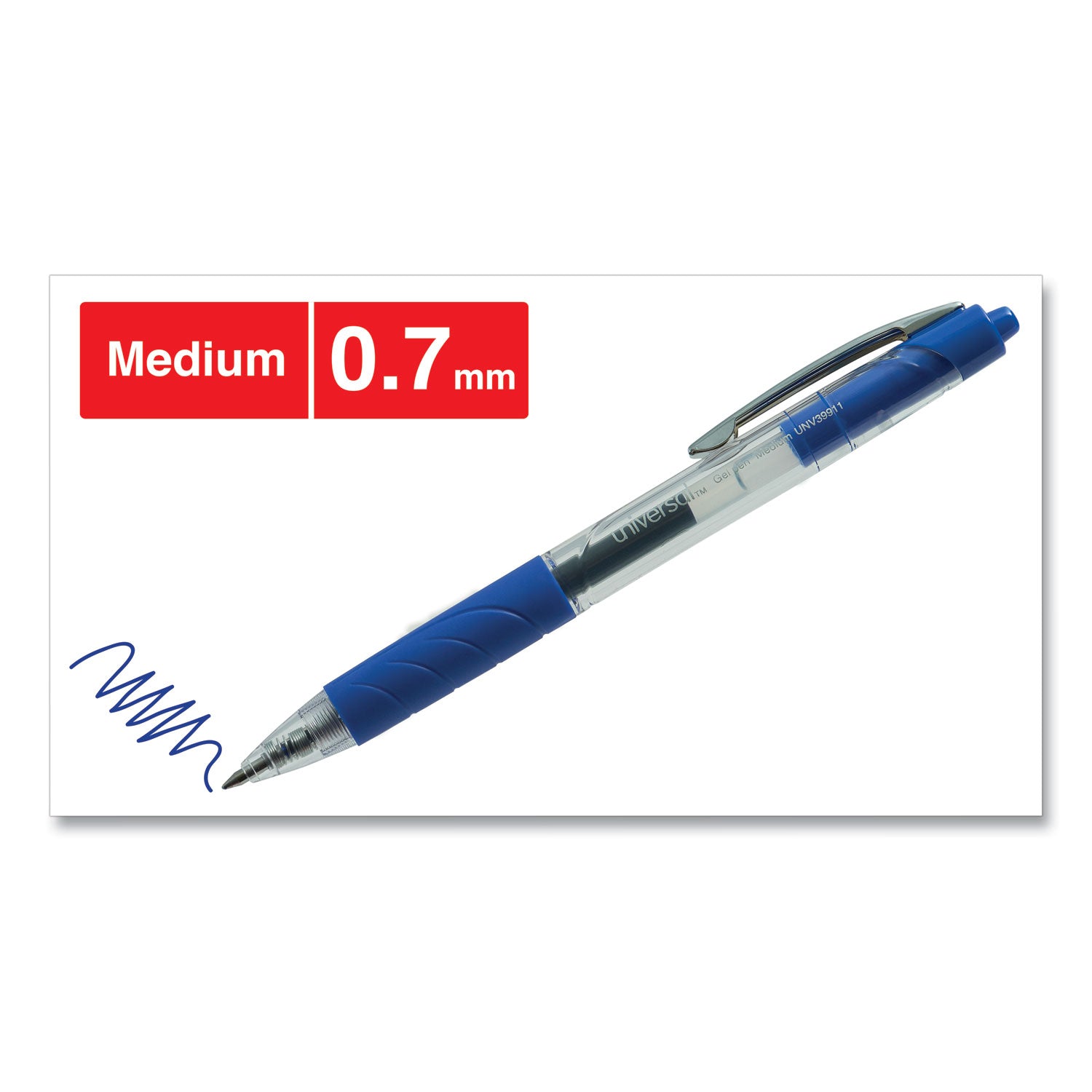 Universal™ Comfort Grip Gel Pen, Retractable, Medium 0.7 mm, Blue Ink, Clear/Blue Barrel, 36/Pack