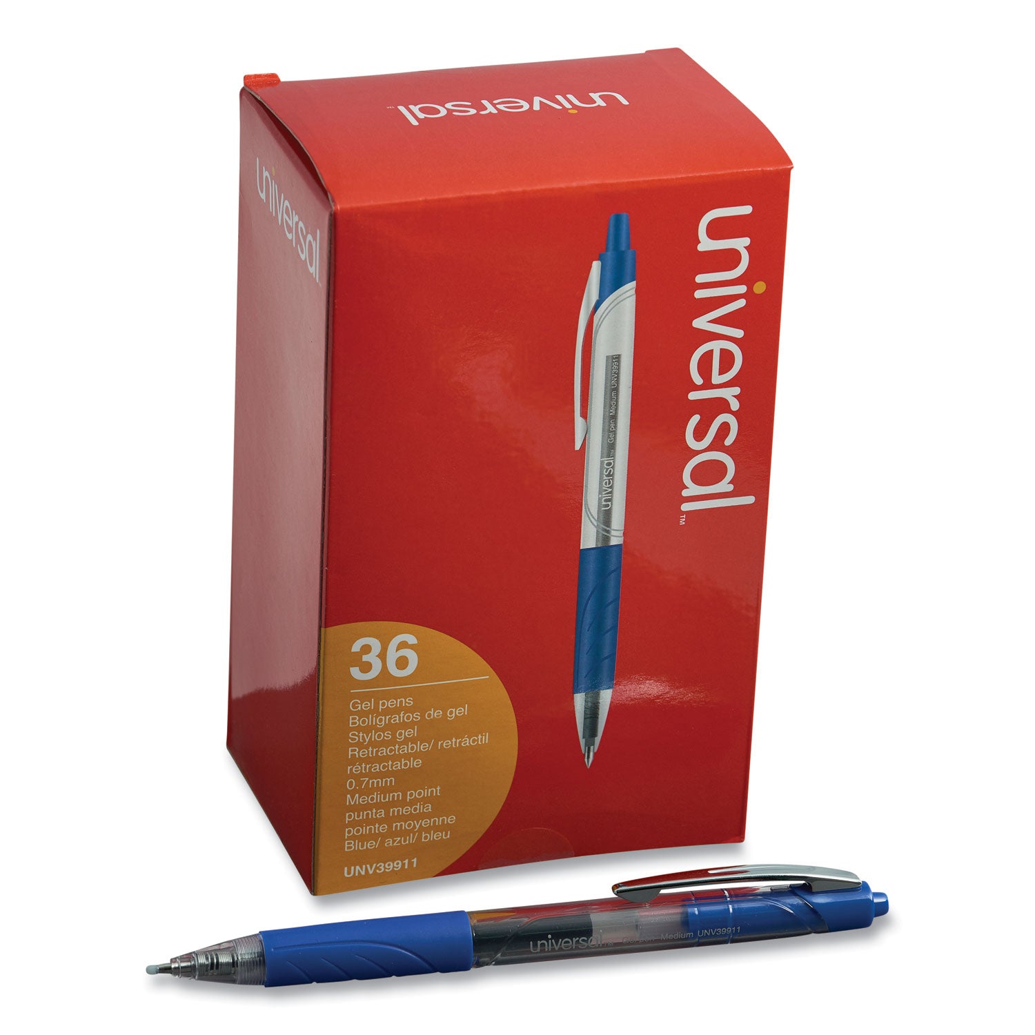 Universal™ Comfort Grip Gel Pen, Retractable, Medium 0.7 mm, Blue Ink, Clear/Blue Barrel, 36/Pack